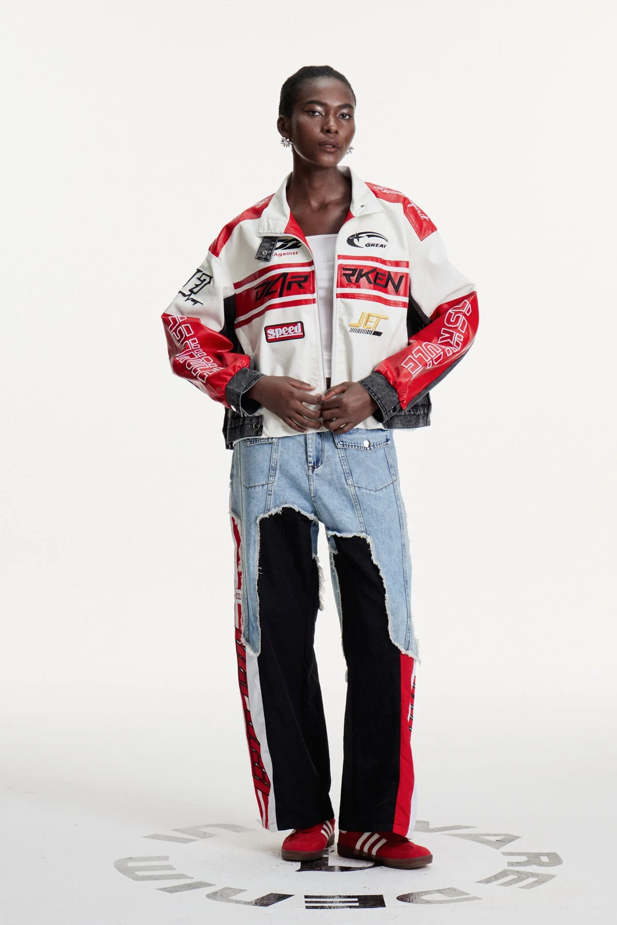 White Printed Deconstructed Jacket - Modern Artistic Design