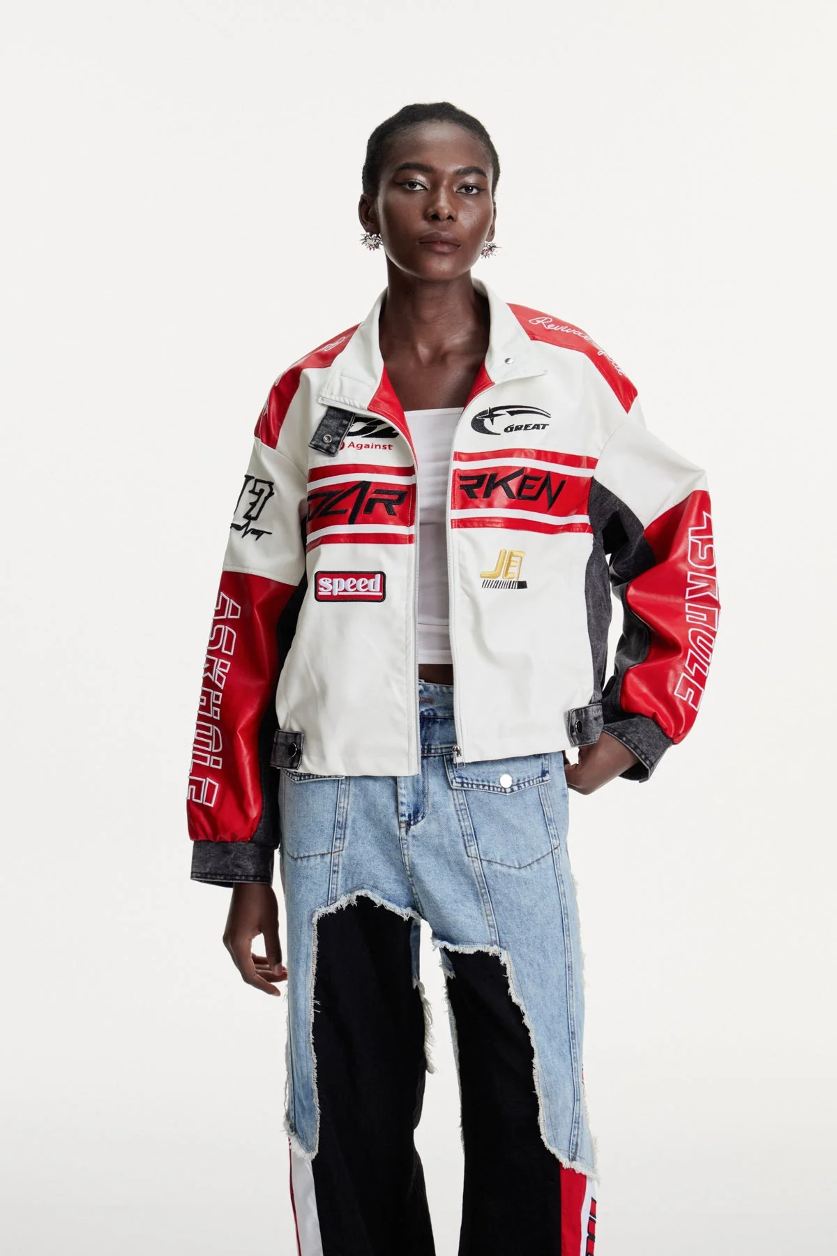 White Printed Deconstructed Jacket - Modern Artistic Design