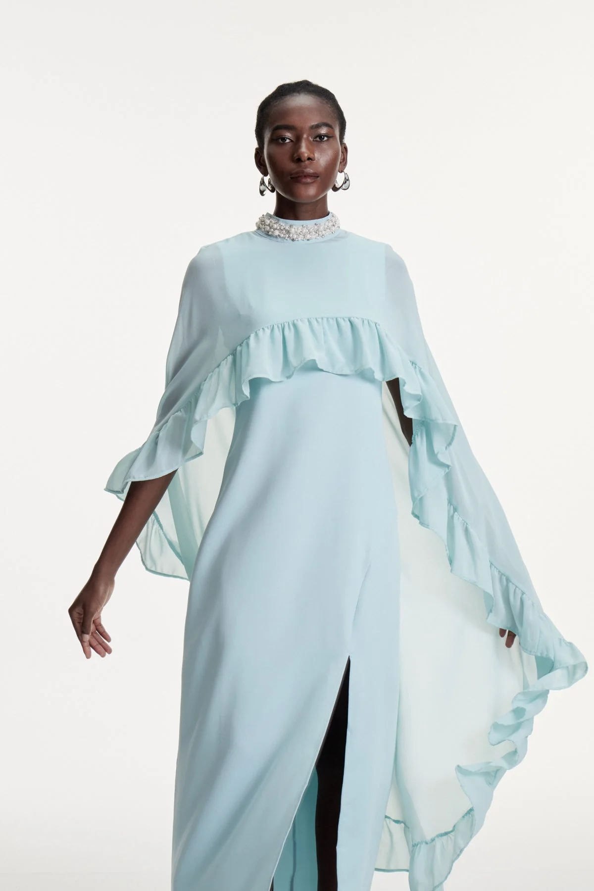 Elegant Pearl Maxi Dress with Ruffle Shawl Detail