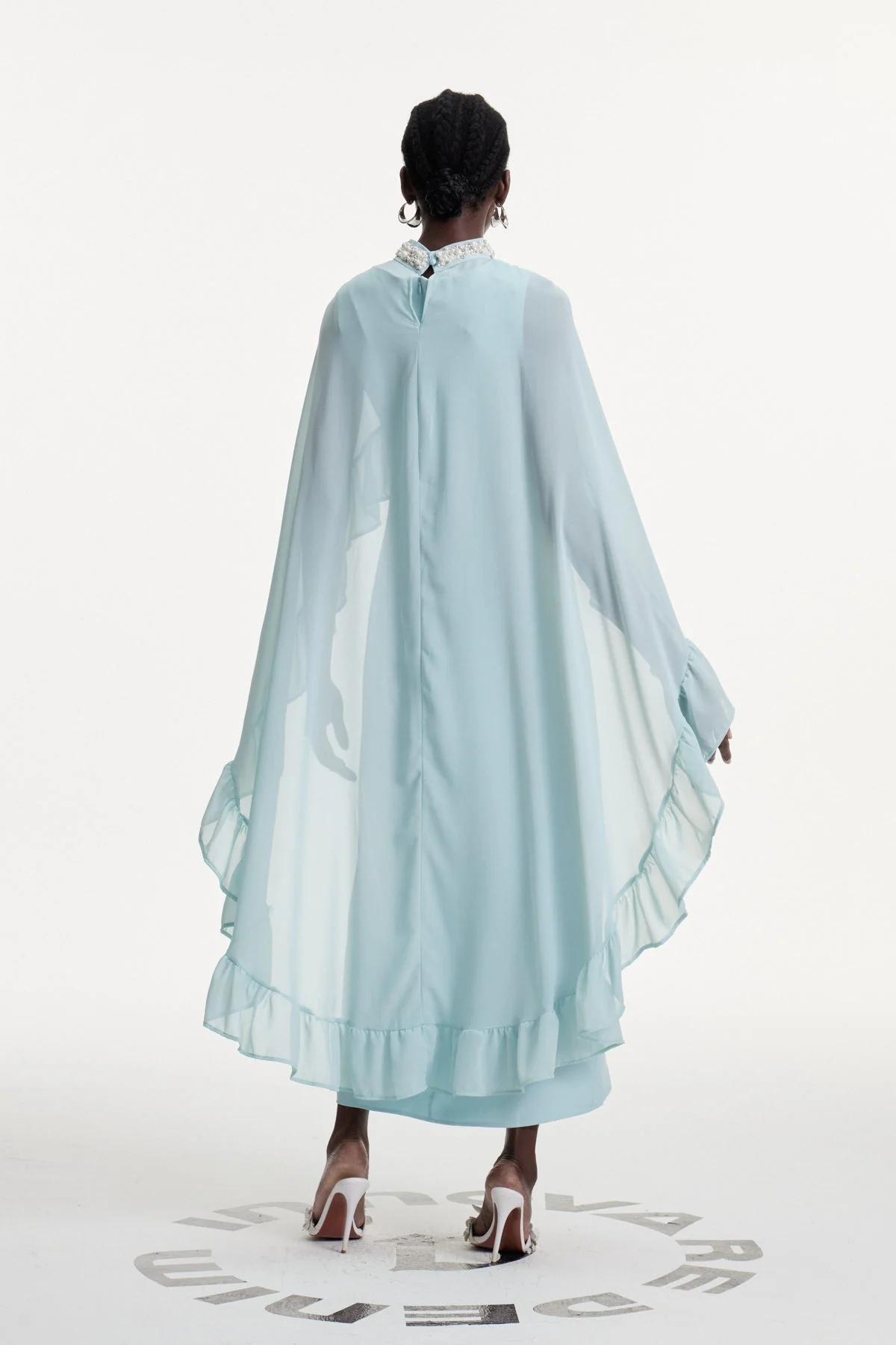 Elegant Pearl Maxi Dress with Ruffle Shawl Detail