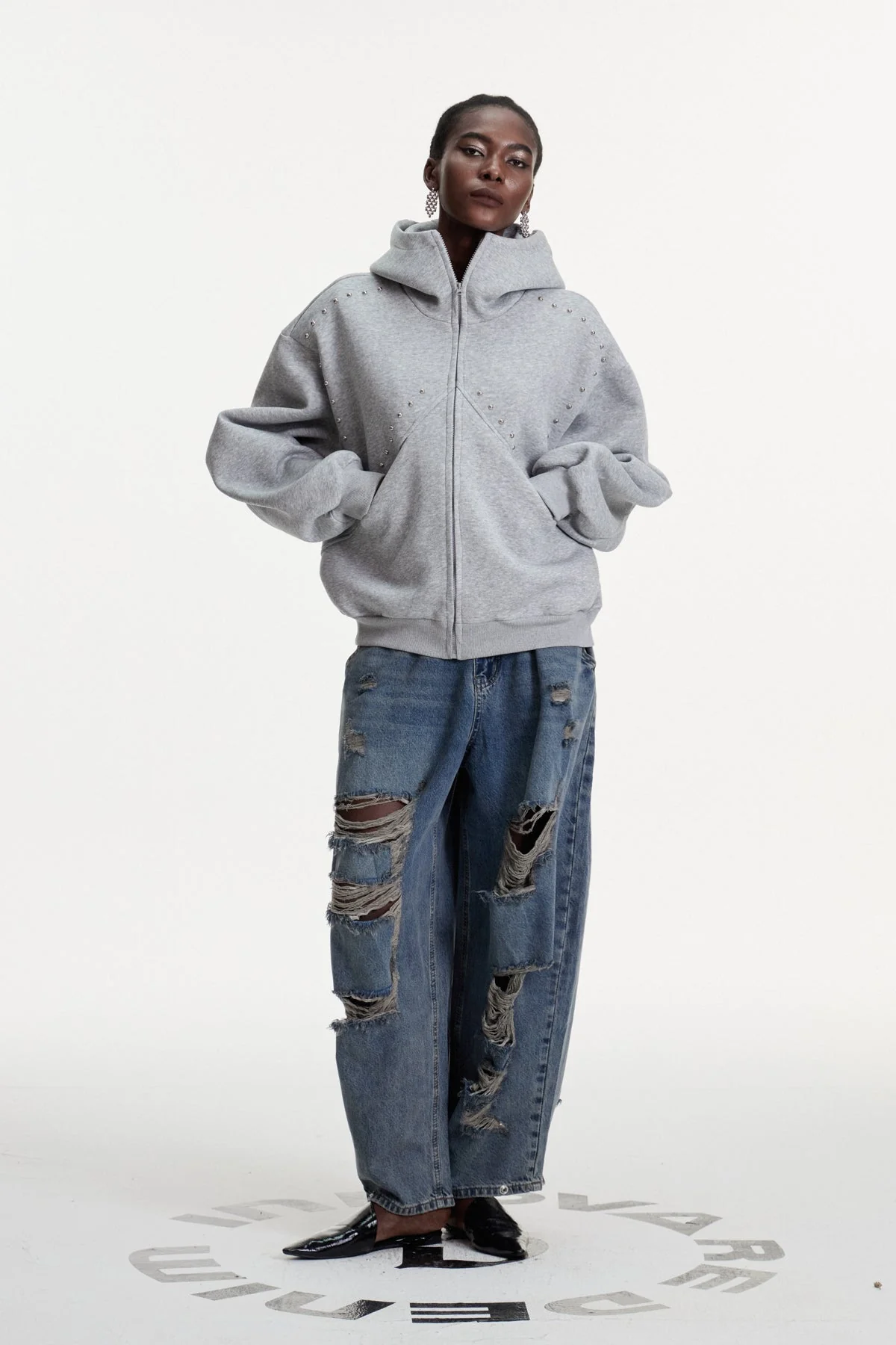 Grey Embellished Hooded Jacket for Stylish Outfits