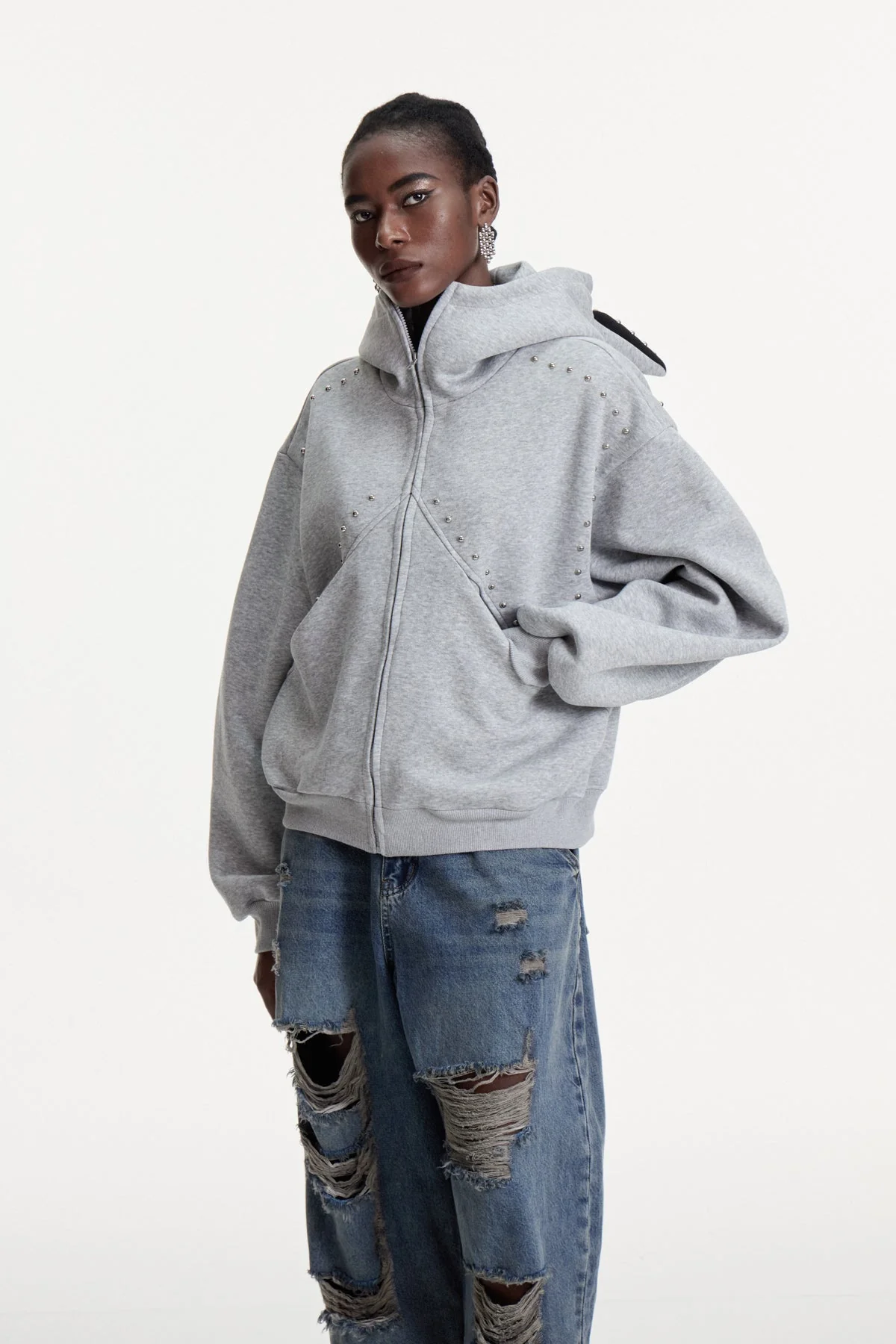 Grey Embellished Hooded Jacket for Stylish Outfits