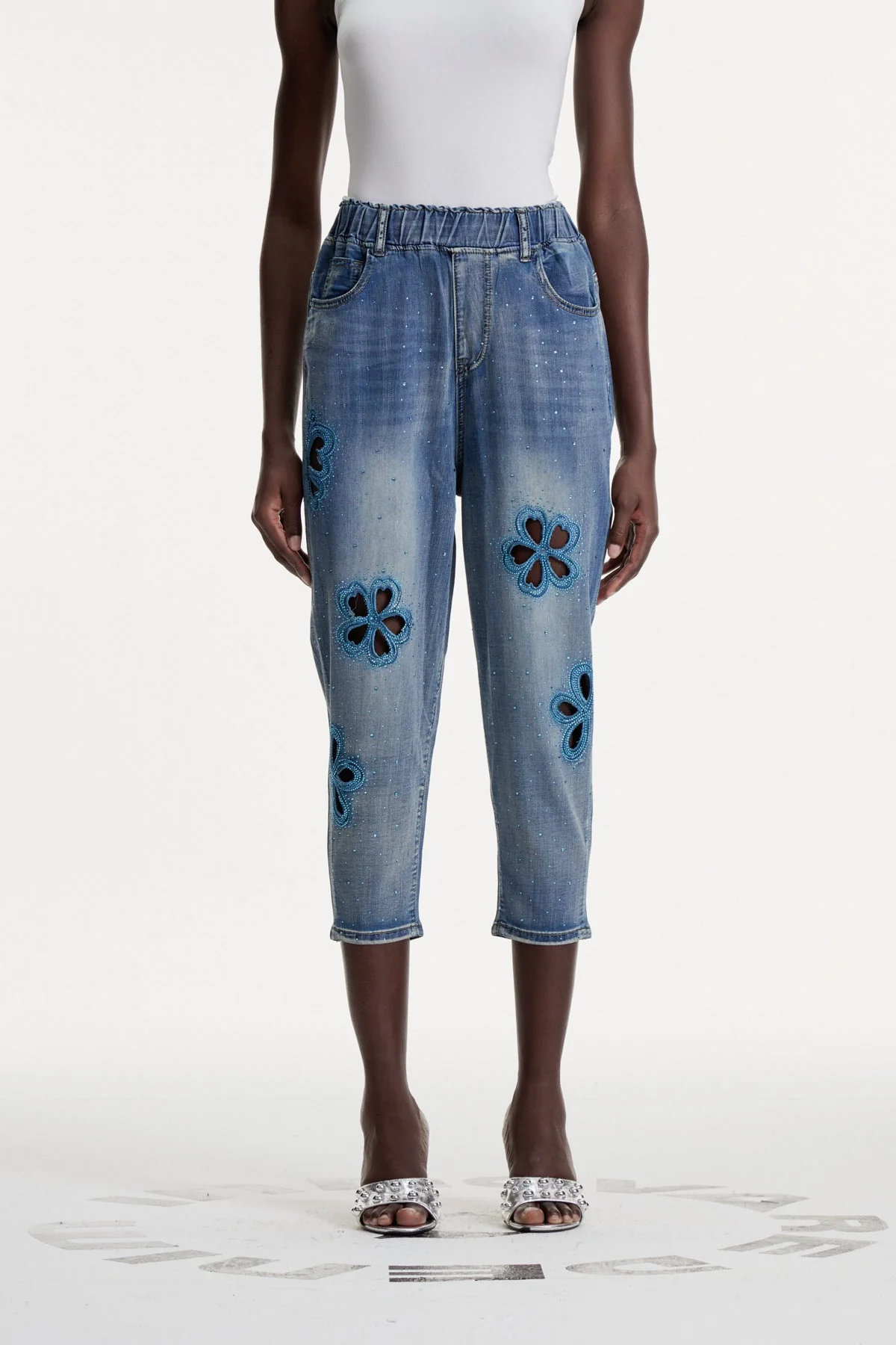 Cutout Flower Denim Jeans for Women