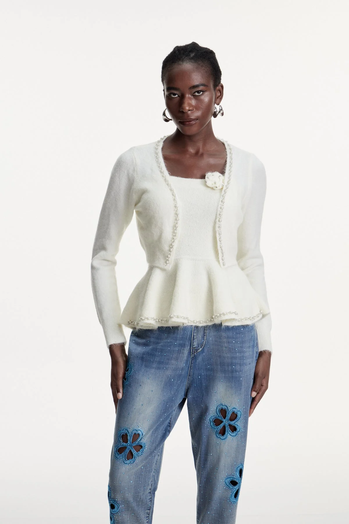 Elegant Pearl Embellished Ruffle Top in White