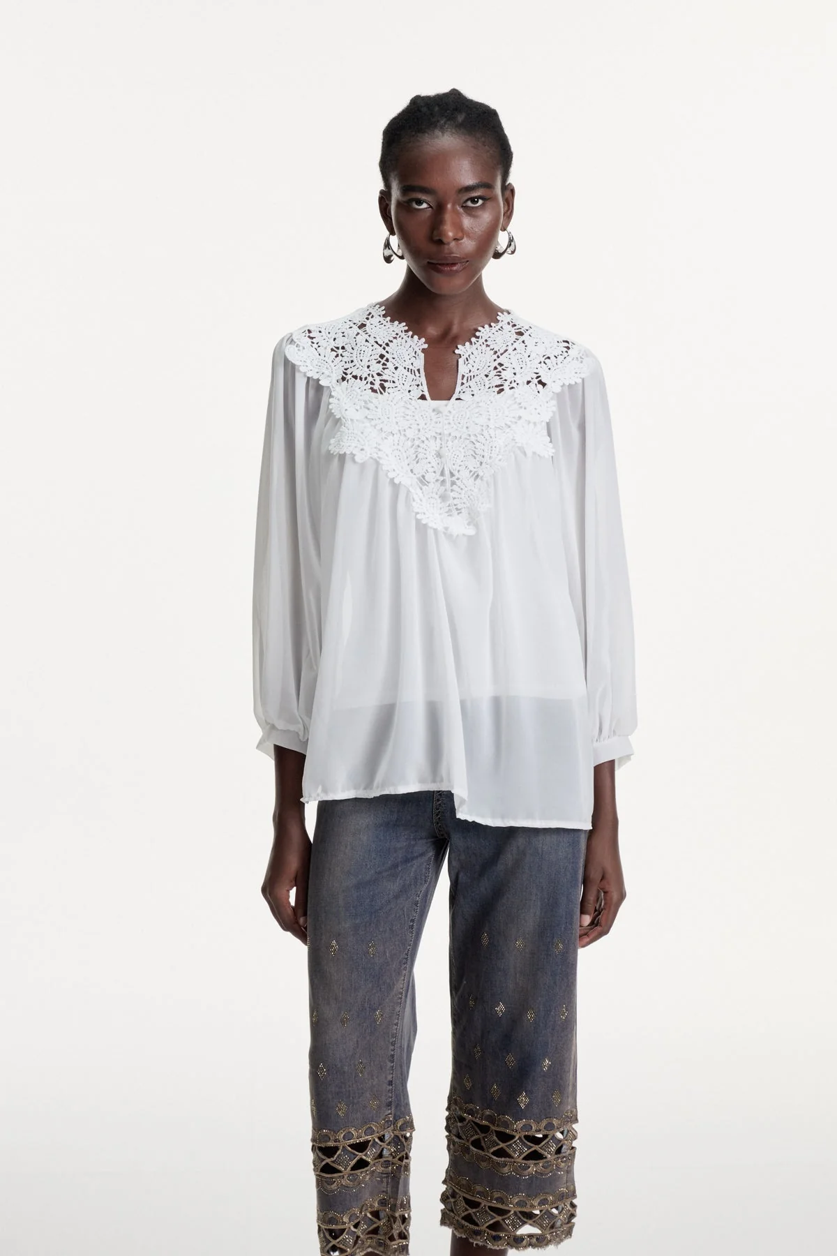 White Lace Balloon Sleeve Top for Women