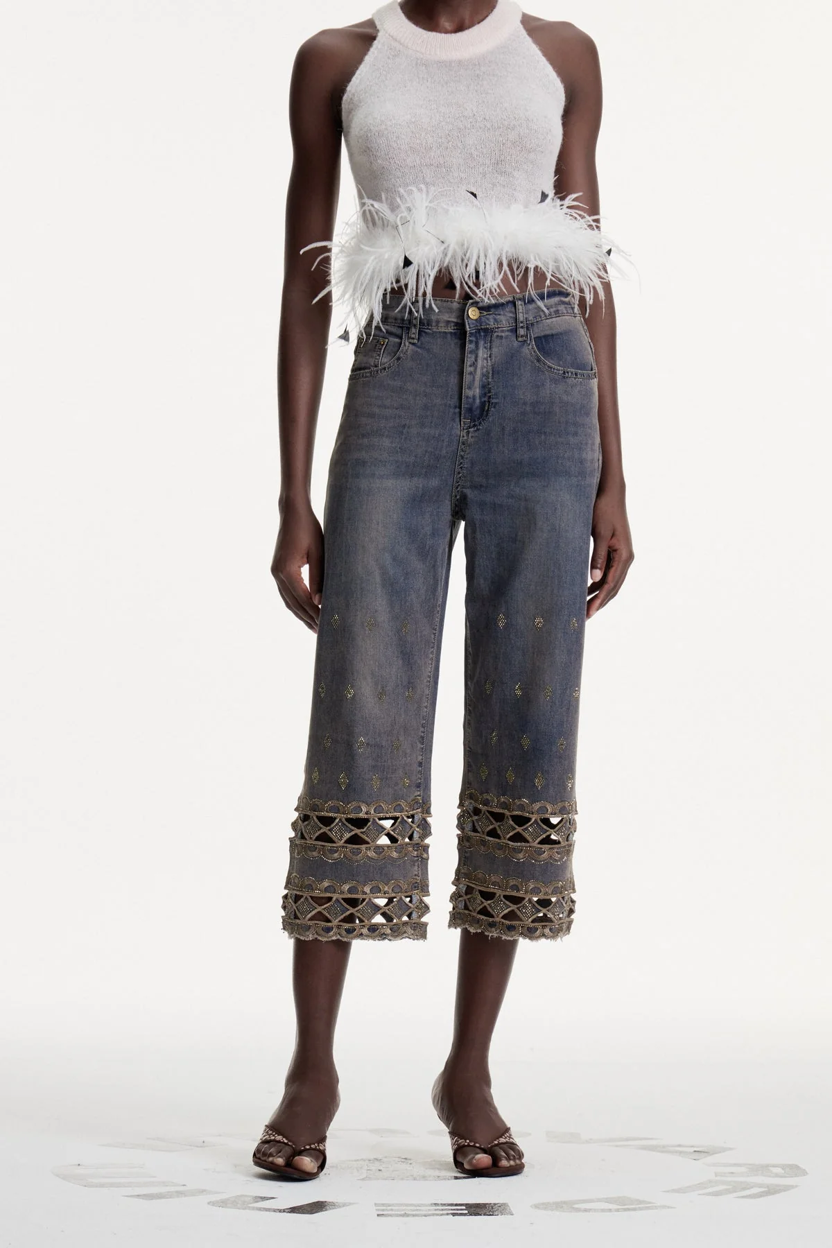 Blue Cutout Rhinestone Slim Fit Jeans