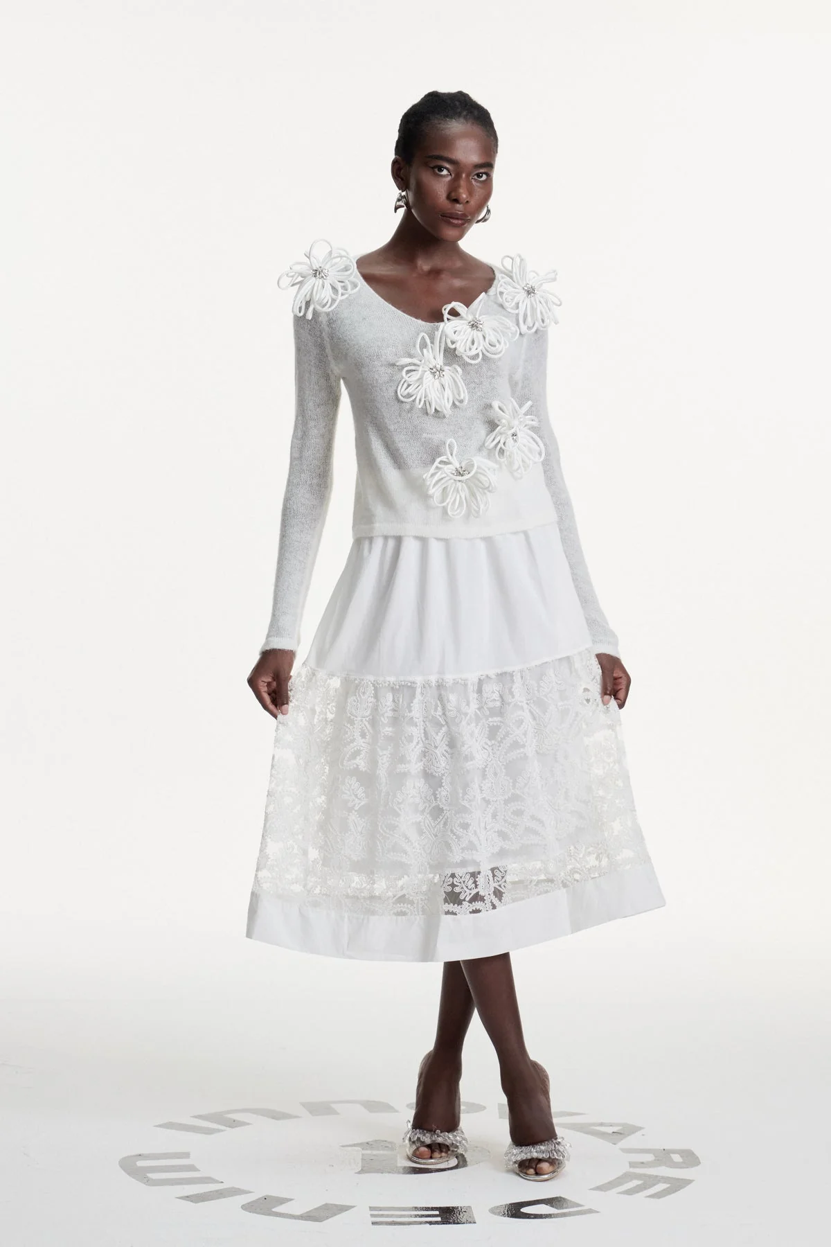 Floral White Knit Top with Plunging Neckline