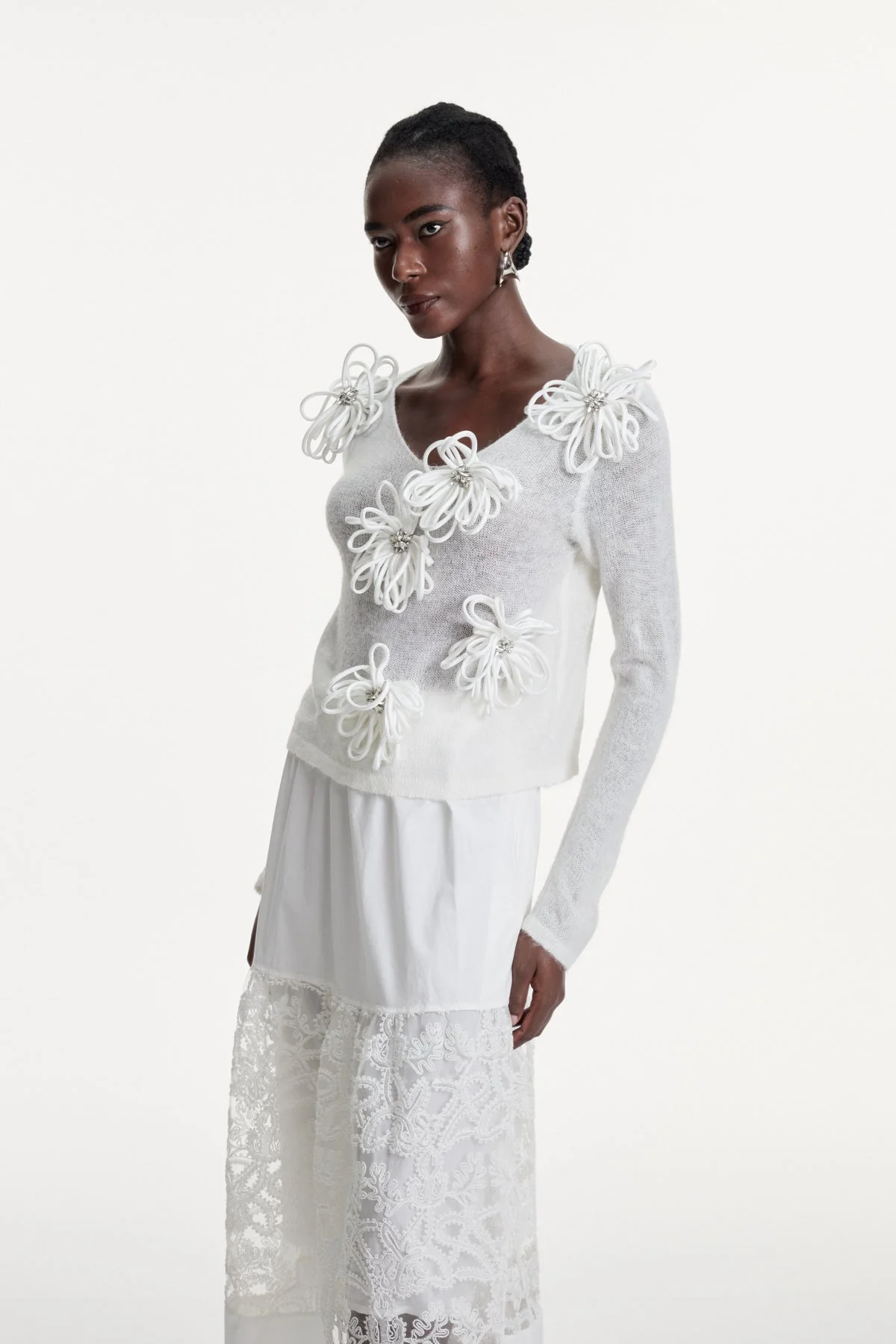 Floral White Knit Top with Plunging Neckline