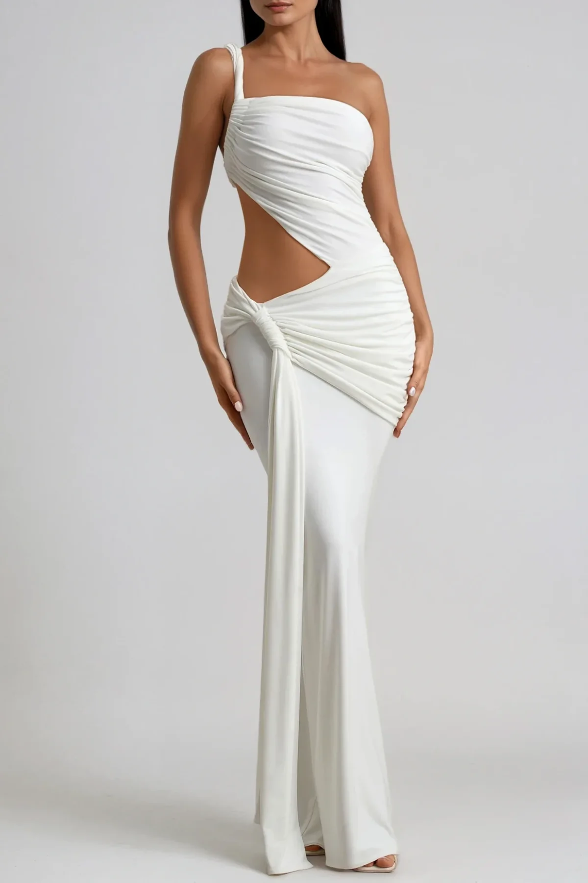 White Asymmetric Ruch Detail Maxi Dress
