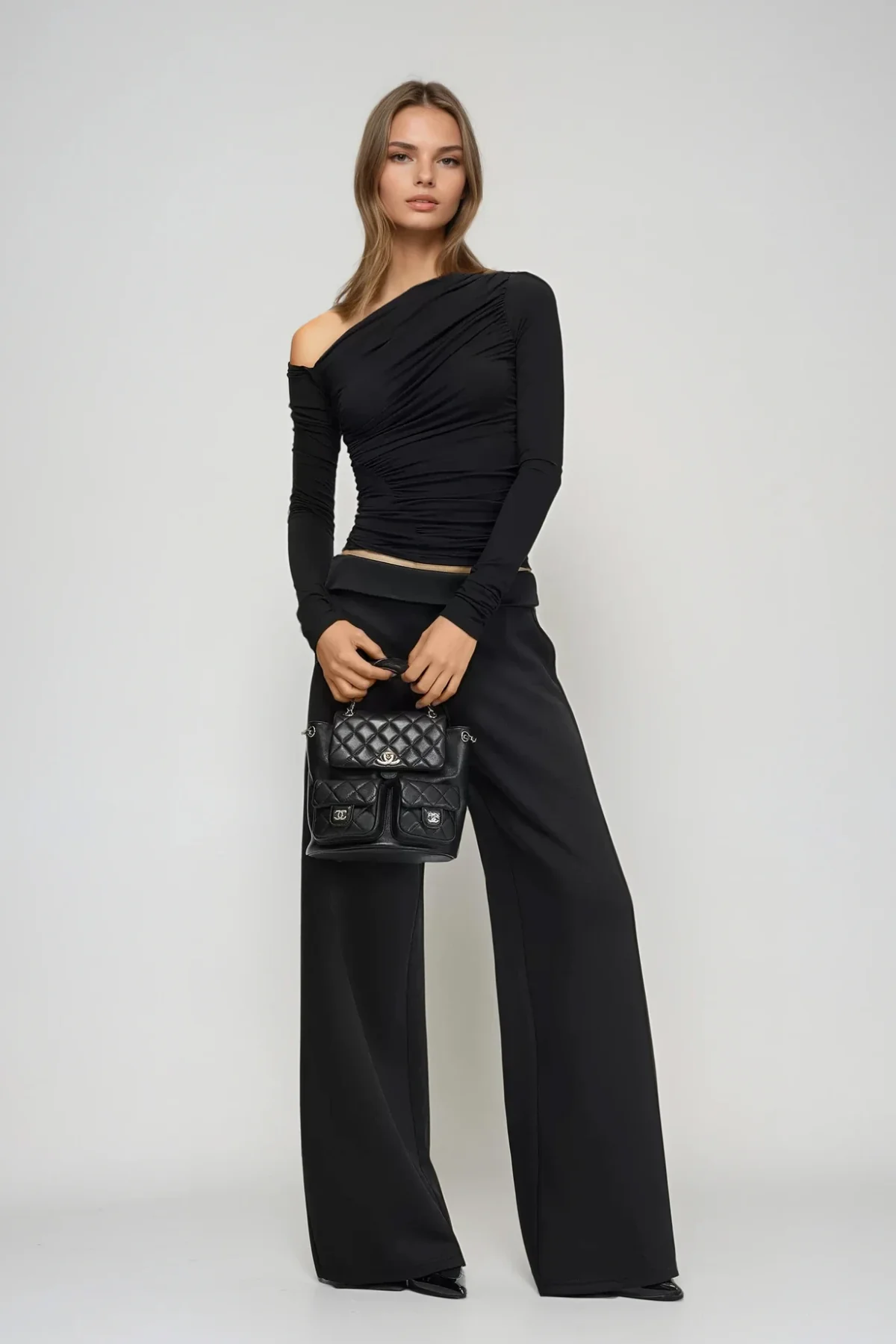 Black One Shoulder Ruched Long Sleeve Top - Chic Essential