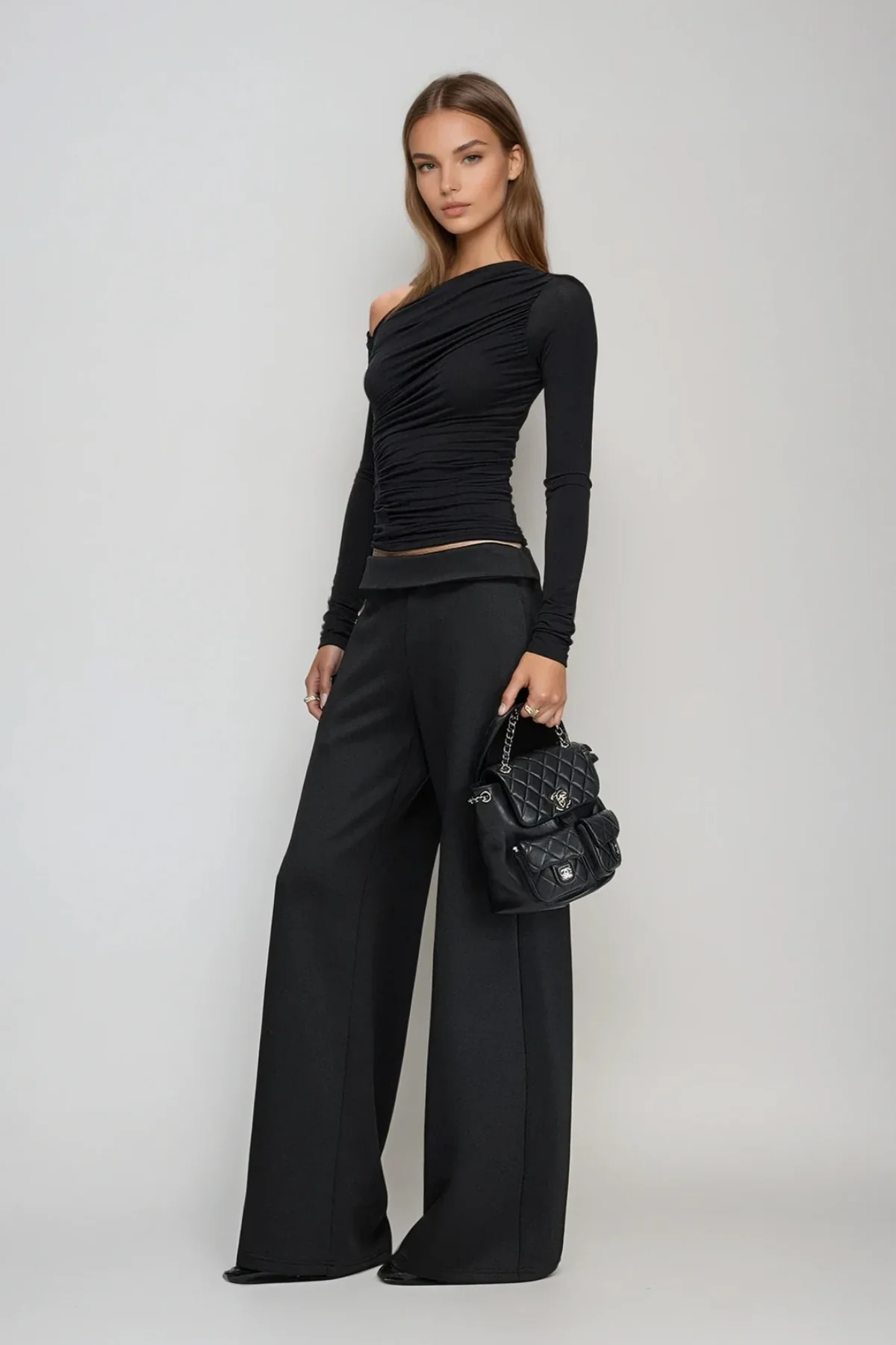 Black One Shoulder Ruched Long Sleeve Top - Chic Essential