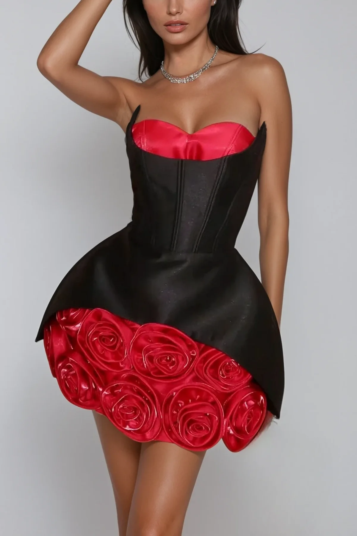 Black Flower Bodycon Mini Dress - Elegant Strapless Design