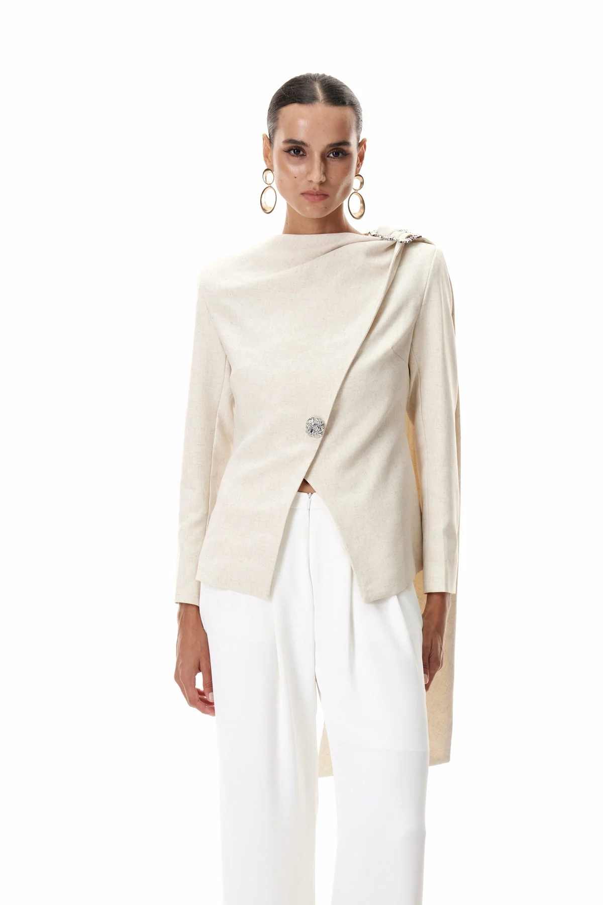 Chic Beige Asymmetric Shawl Blazer