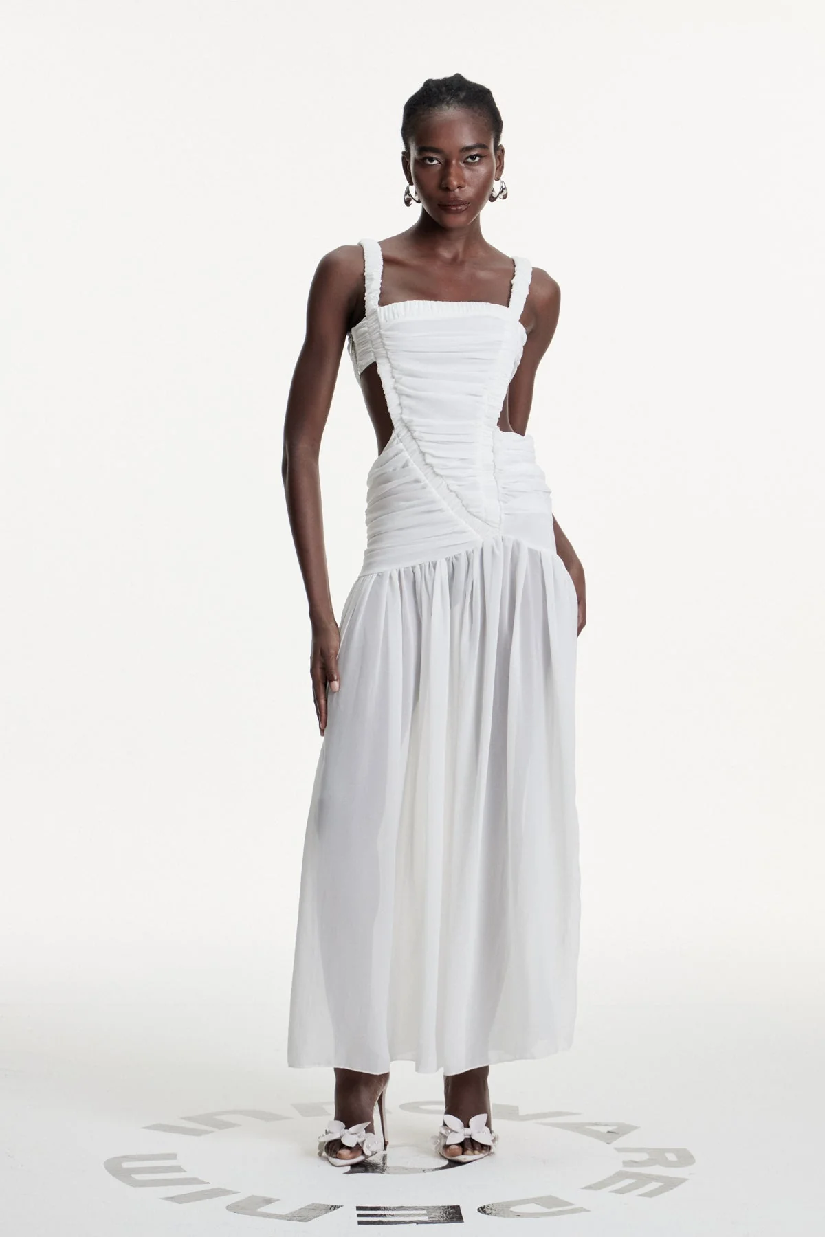 White Ruched Cutout Maxi Dress