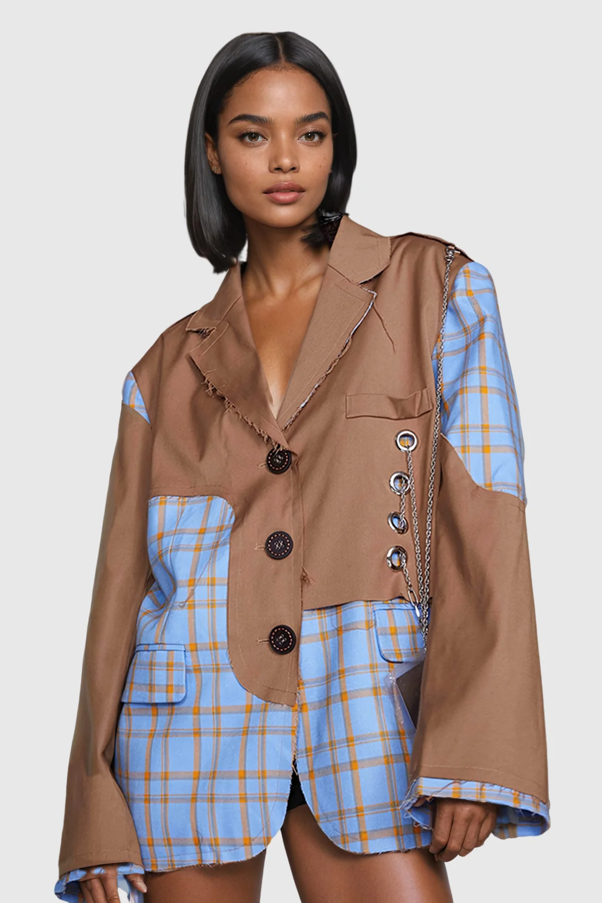 Stylish Chain Deconstruct Grid Blazer in Khaki