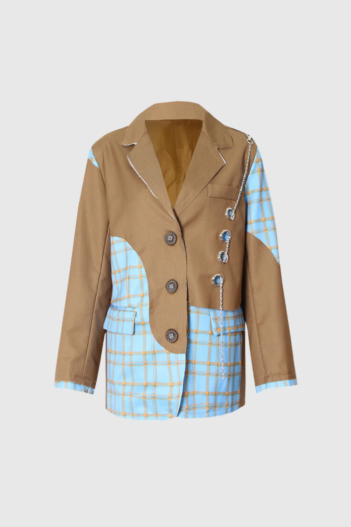 Stylish Chain Deconstruct Grid Blazer in Khaki