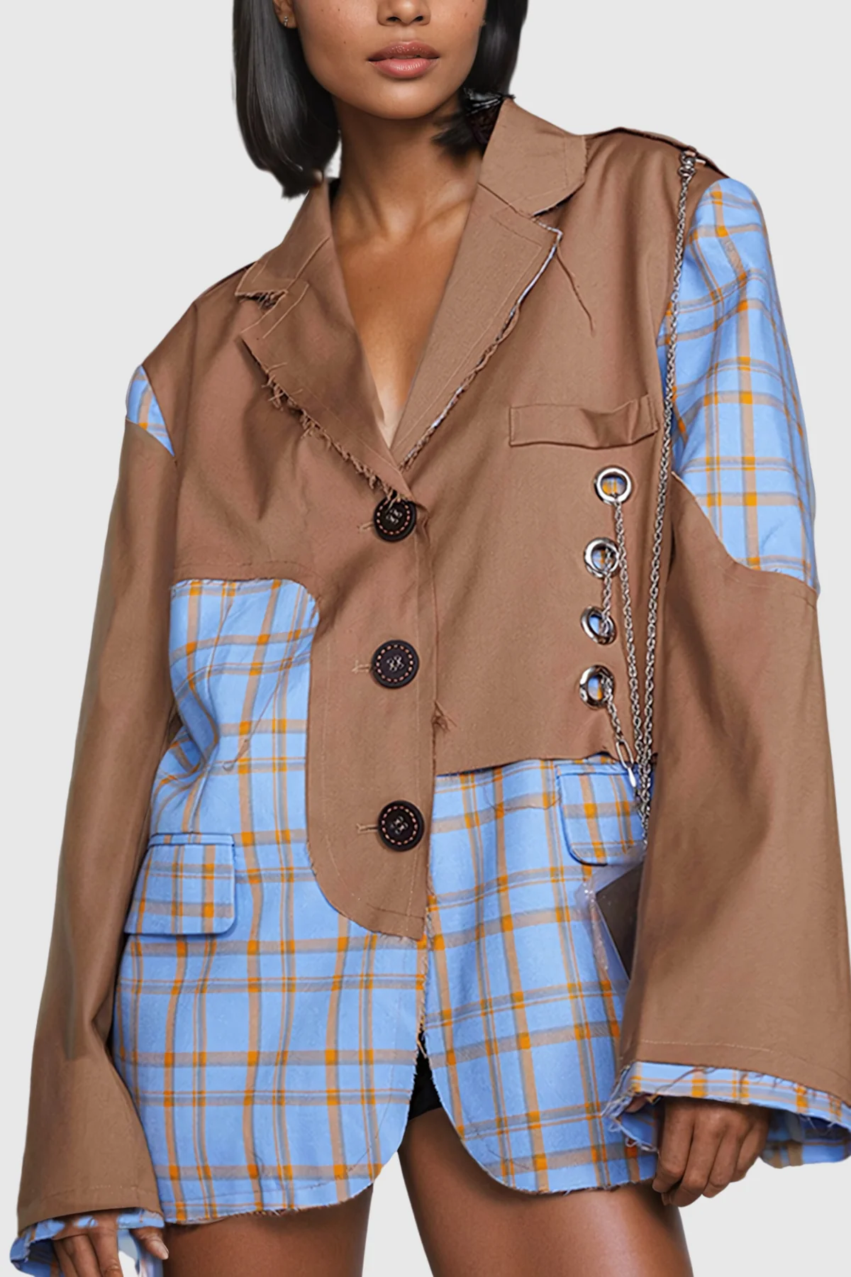 Stylish Chain Deconstruct Grid Blazer in Khaki