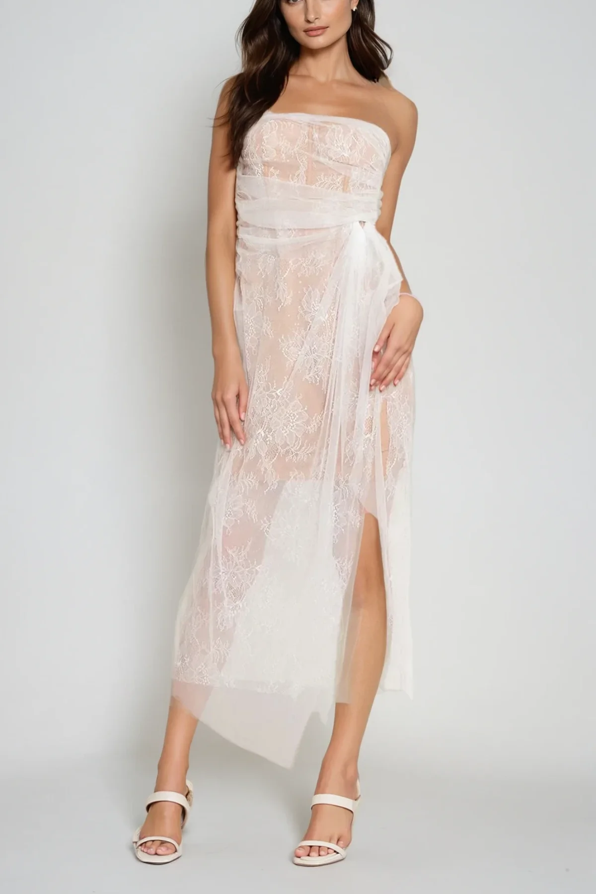 White Mesh Lace Asymmetric Midi Dress