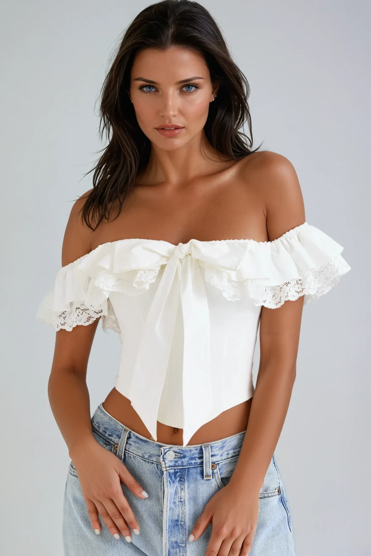 Feminine Bow Ruffle White Top | Elegant Danka Blouse
