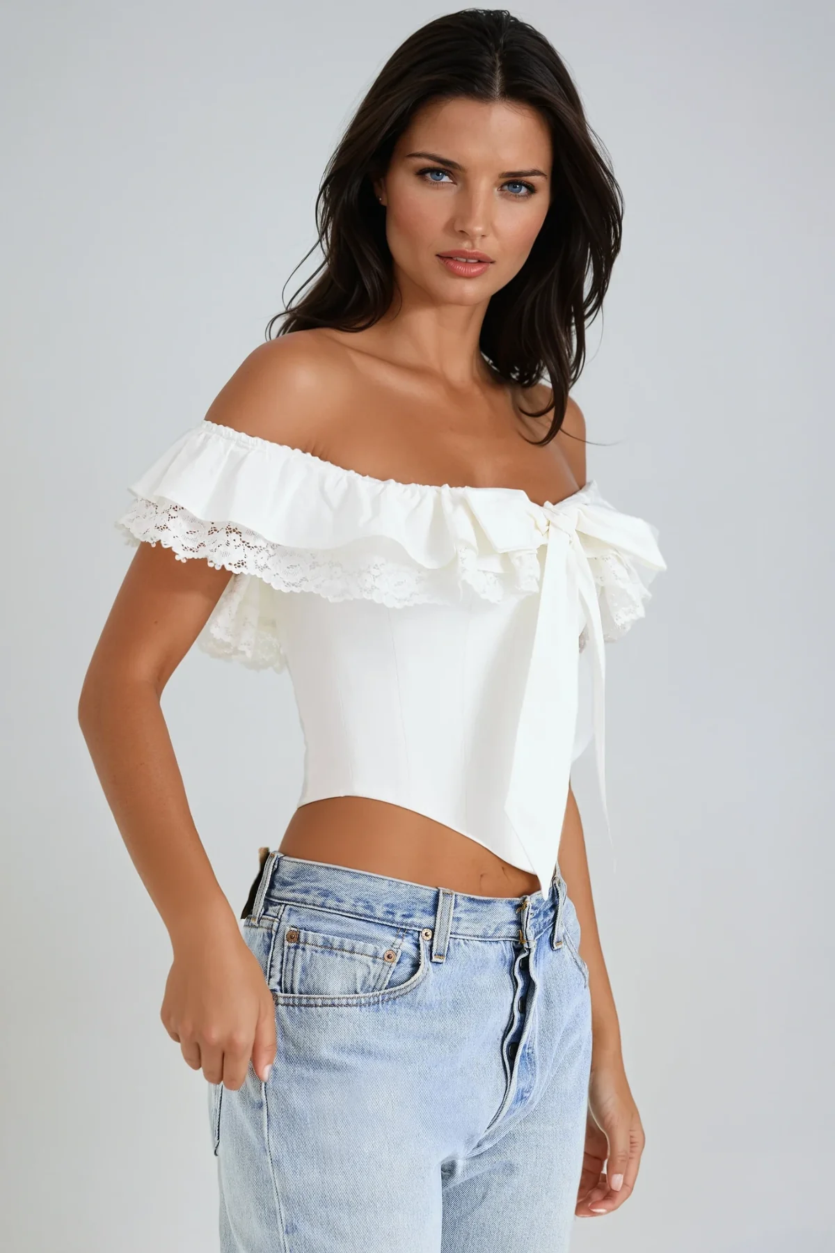 Feminine Bow Ruffle White Top | Elegant Danka Blouse