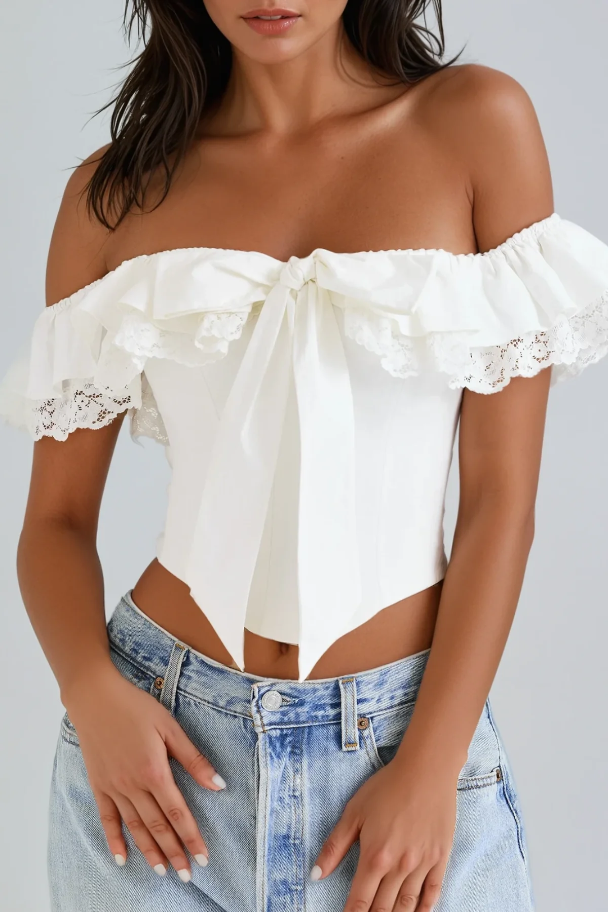 Feminine Bow Ruffle White Top | Elegant Danka Blouse