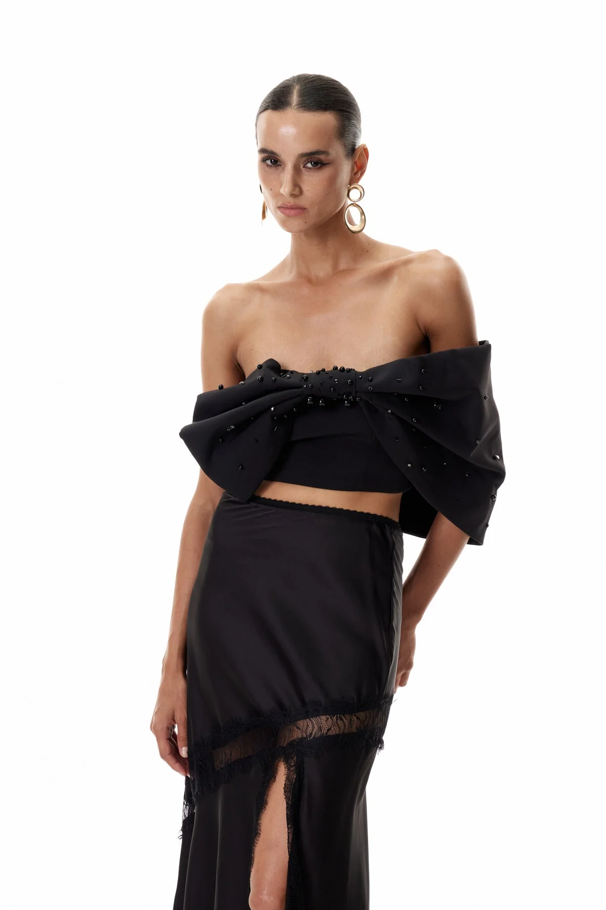 Elegant Crystal Bow Black Top - Stunning Design