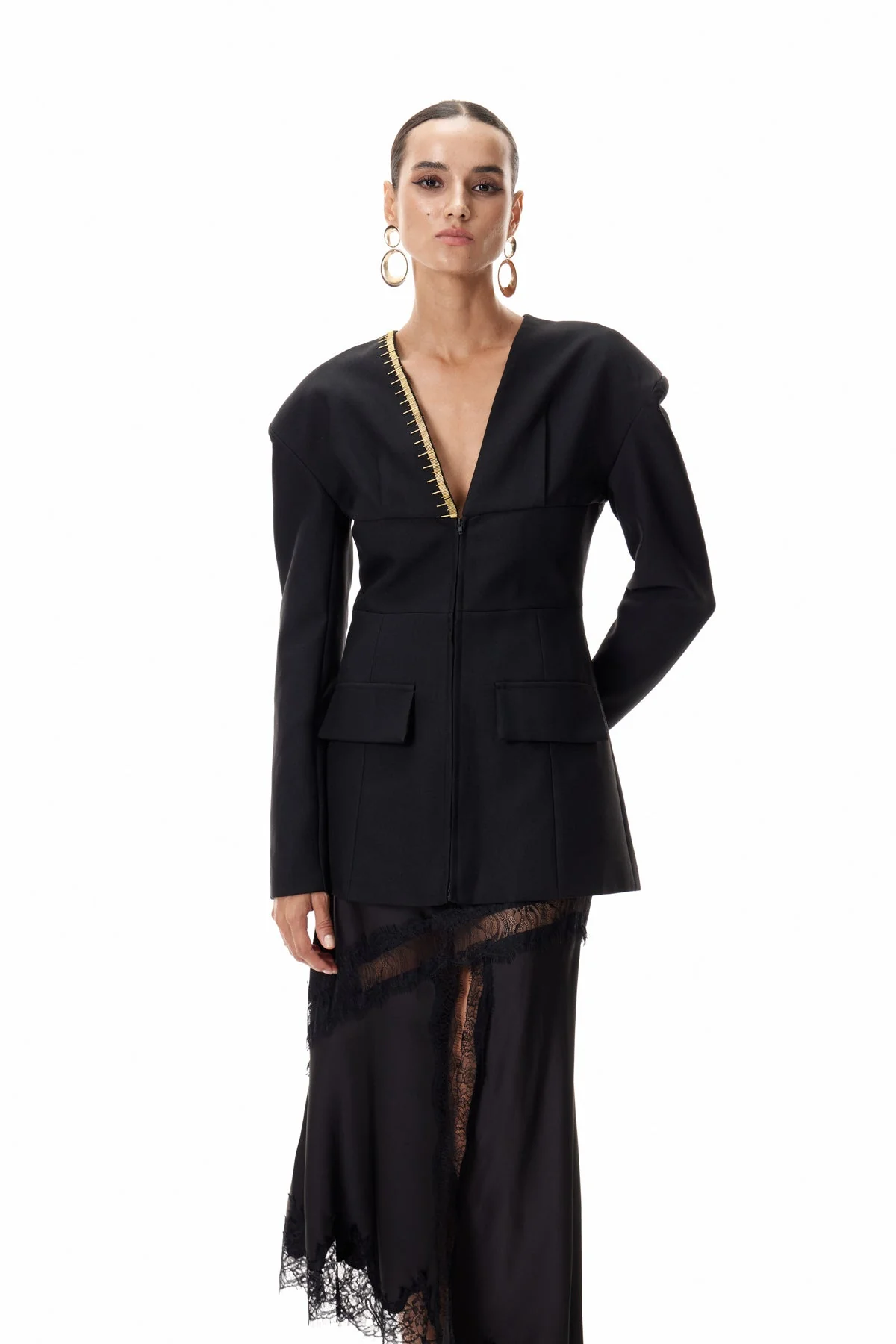 Elegant Black Embellished Plunge Blazer for Upscale Occasions