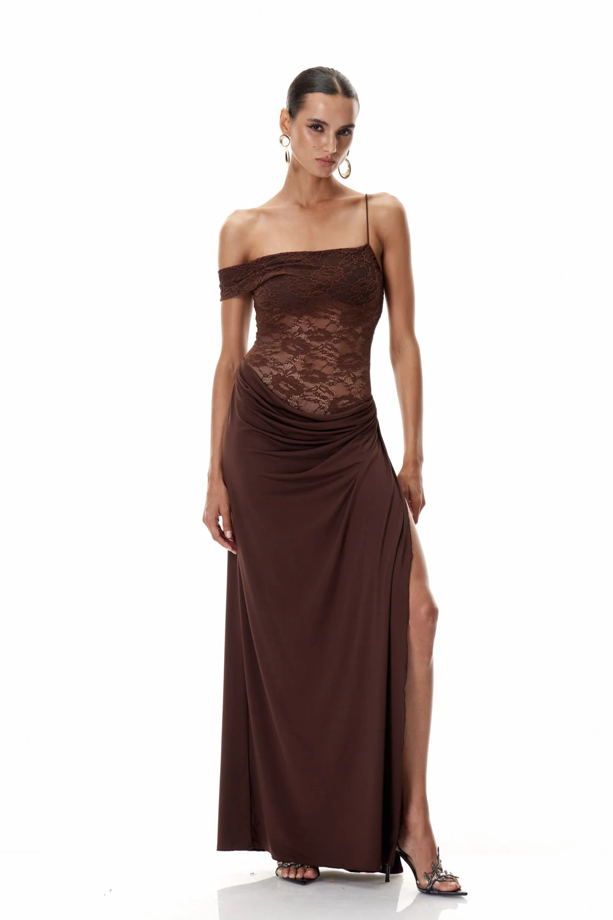 Brown Lace Asymmetric Maxi Dress