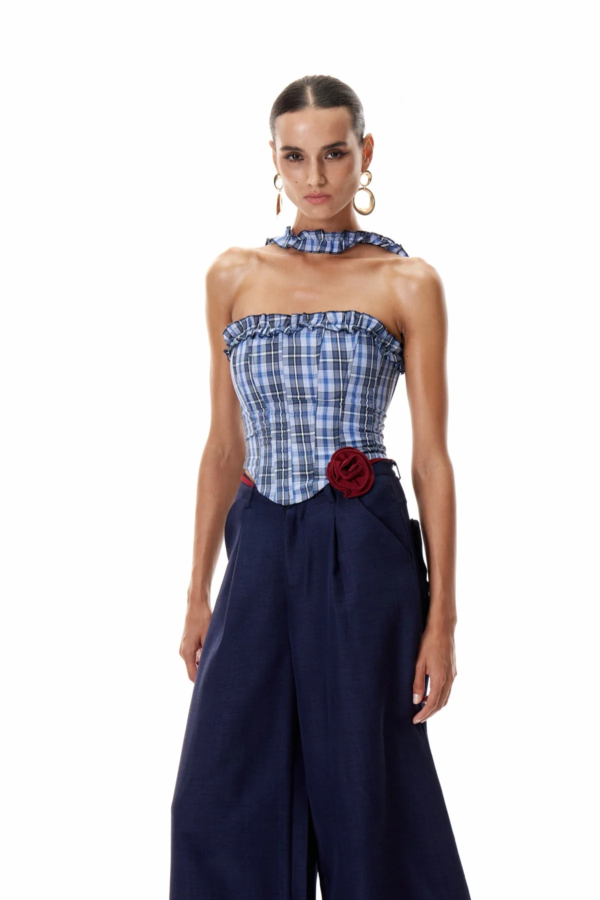 Grid Patterned Corset Top in Blue | Structured Chic Essential