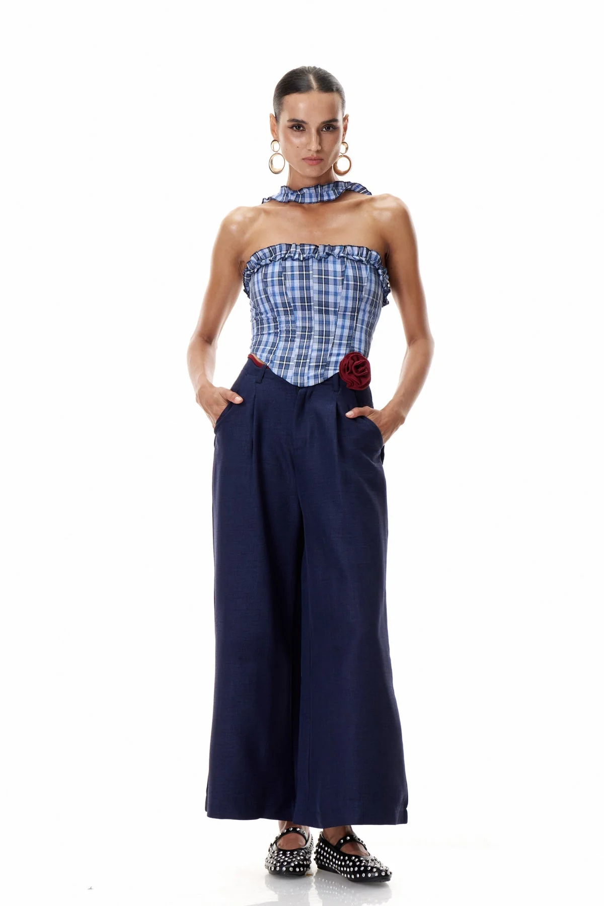 Grid Patterned Corset Top in Blue | Structured Chic Essential