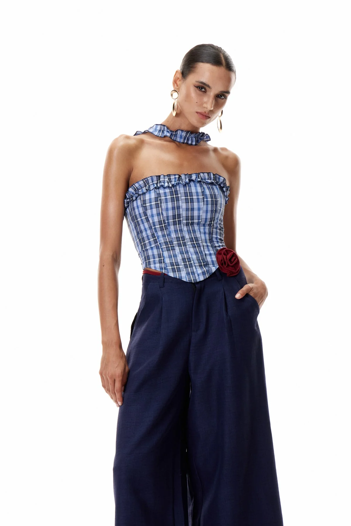Grid Patterned Corset Top in Blue | Structured Chic Essential