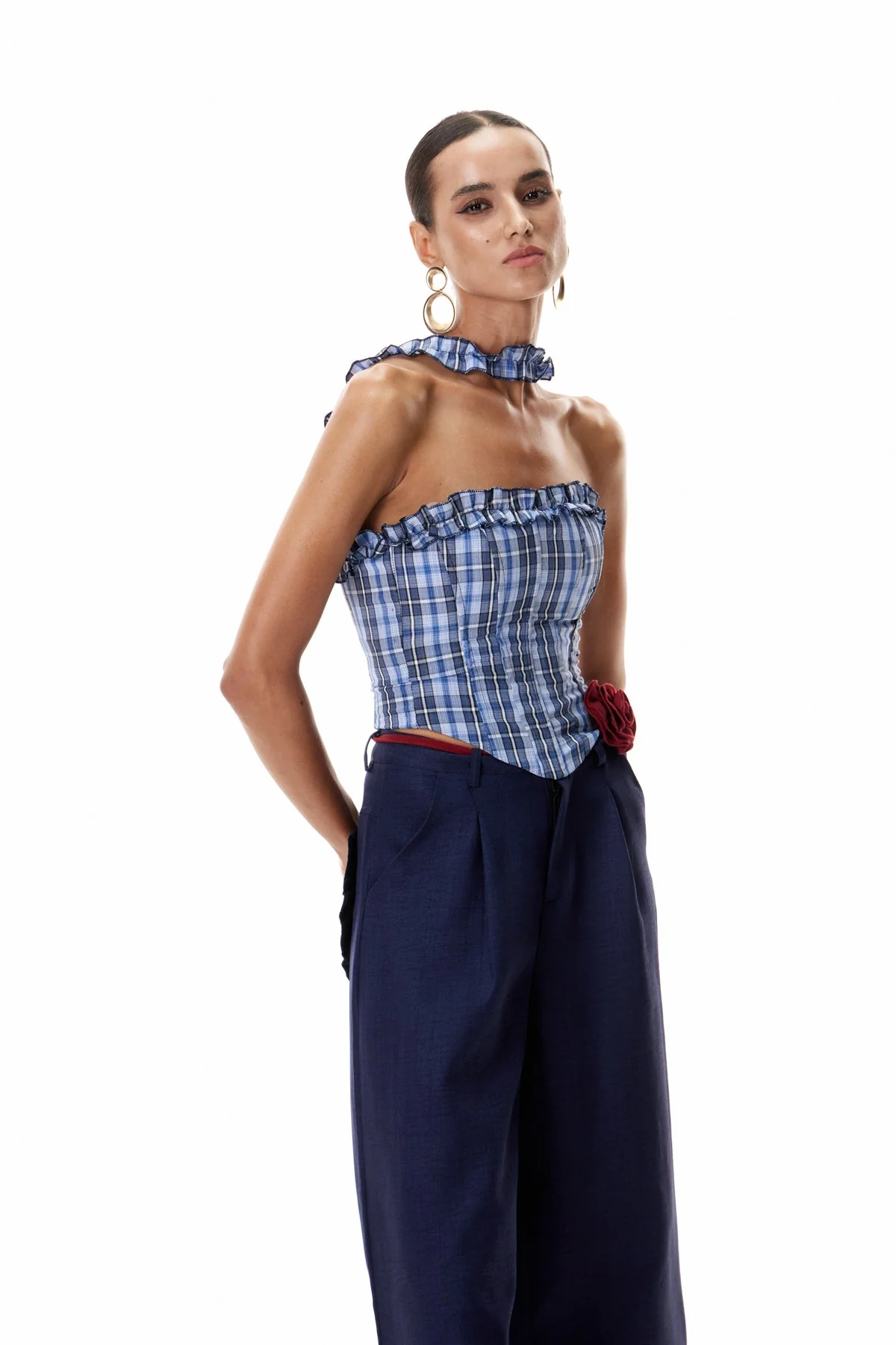 Grid Patterned Corset Top in Blue | Structured Chic Essential