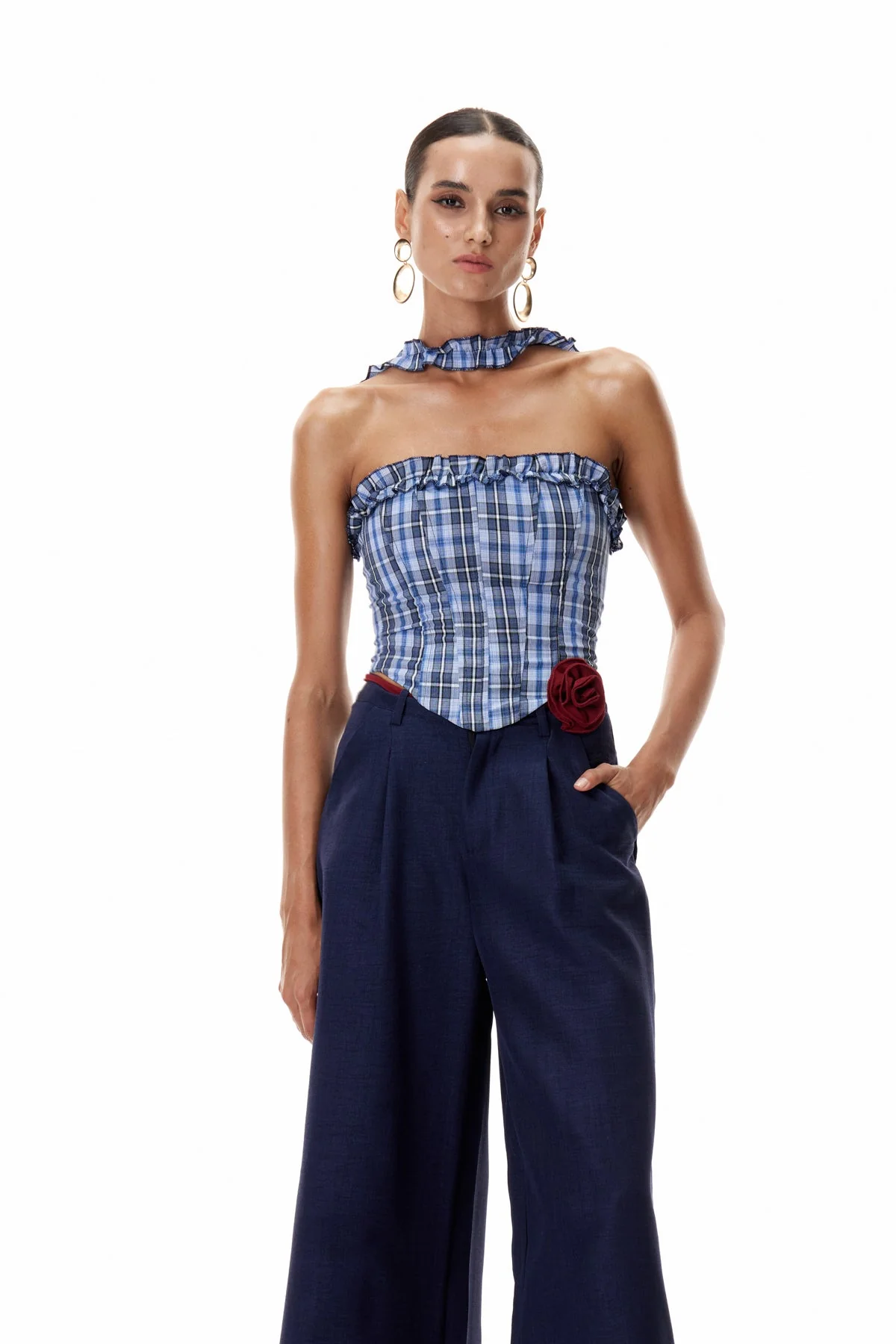 Grid Patterned Corset Top in Blue | Structured Chic Essential