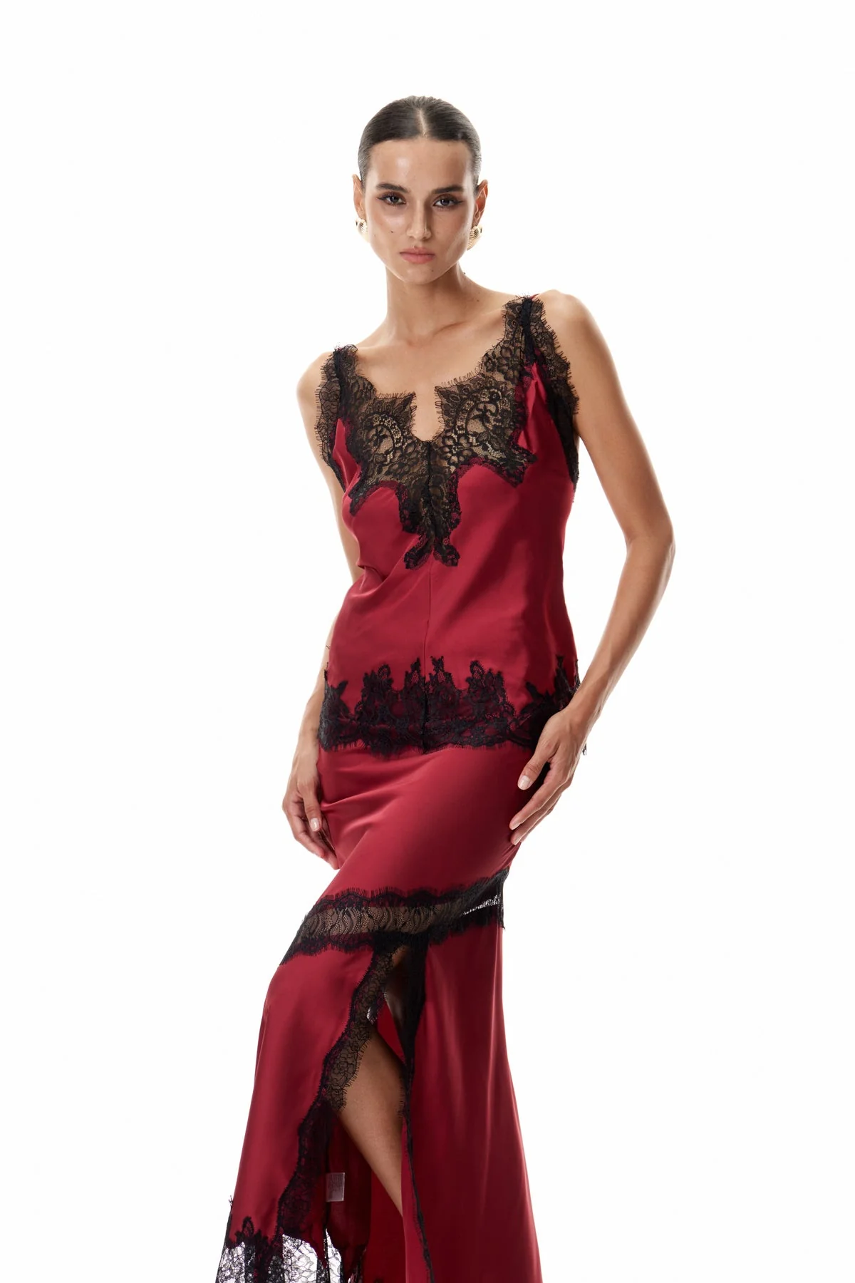 Red Lace Satin Elegant Top for Women