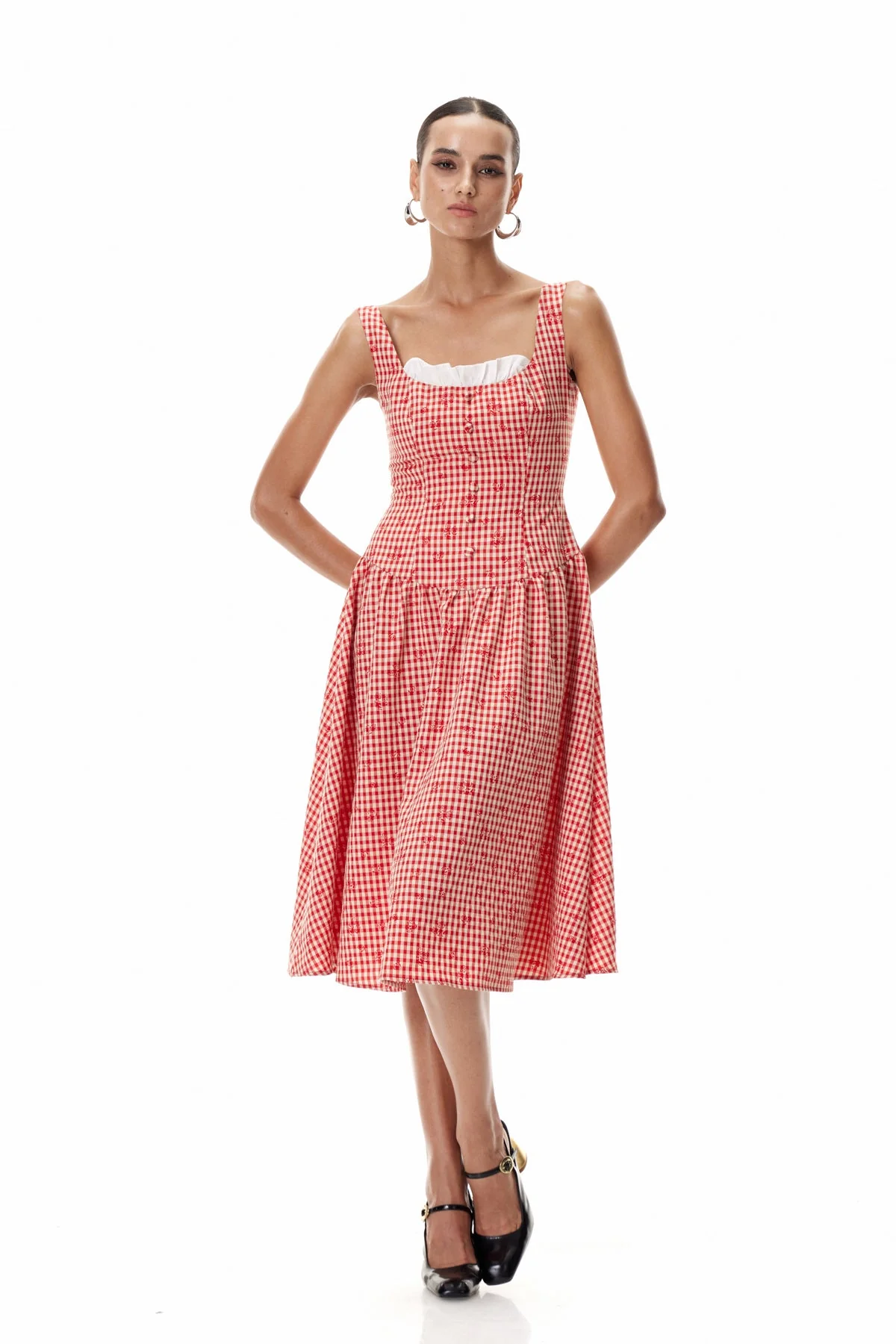 Sophisticated Red Grid Print Midi Dress