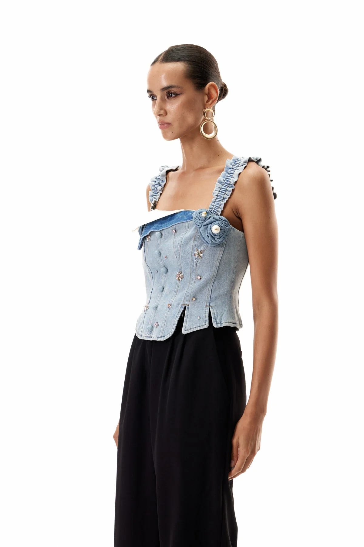 Denim Corset Top with Elegant Embellishments