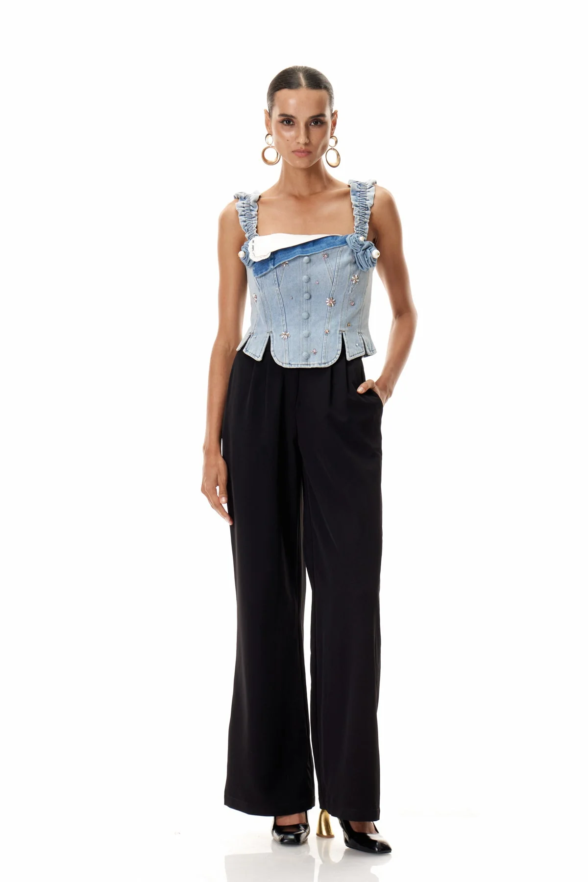 Denim Corset Top with Elegant Embellishments