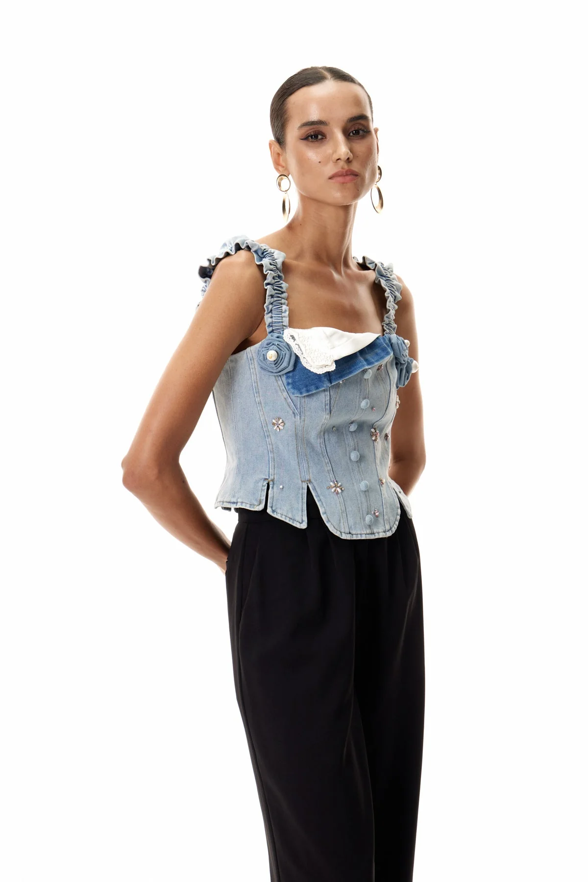 Denim Corset Top with Elegant Embellishments