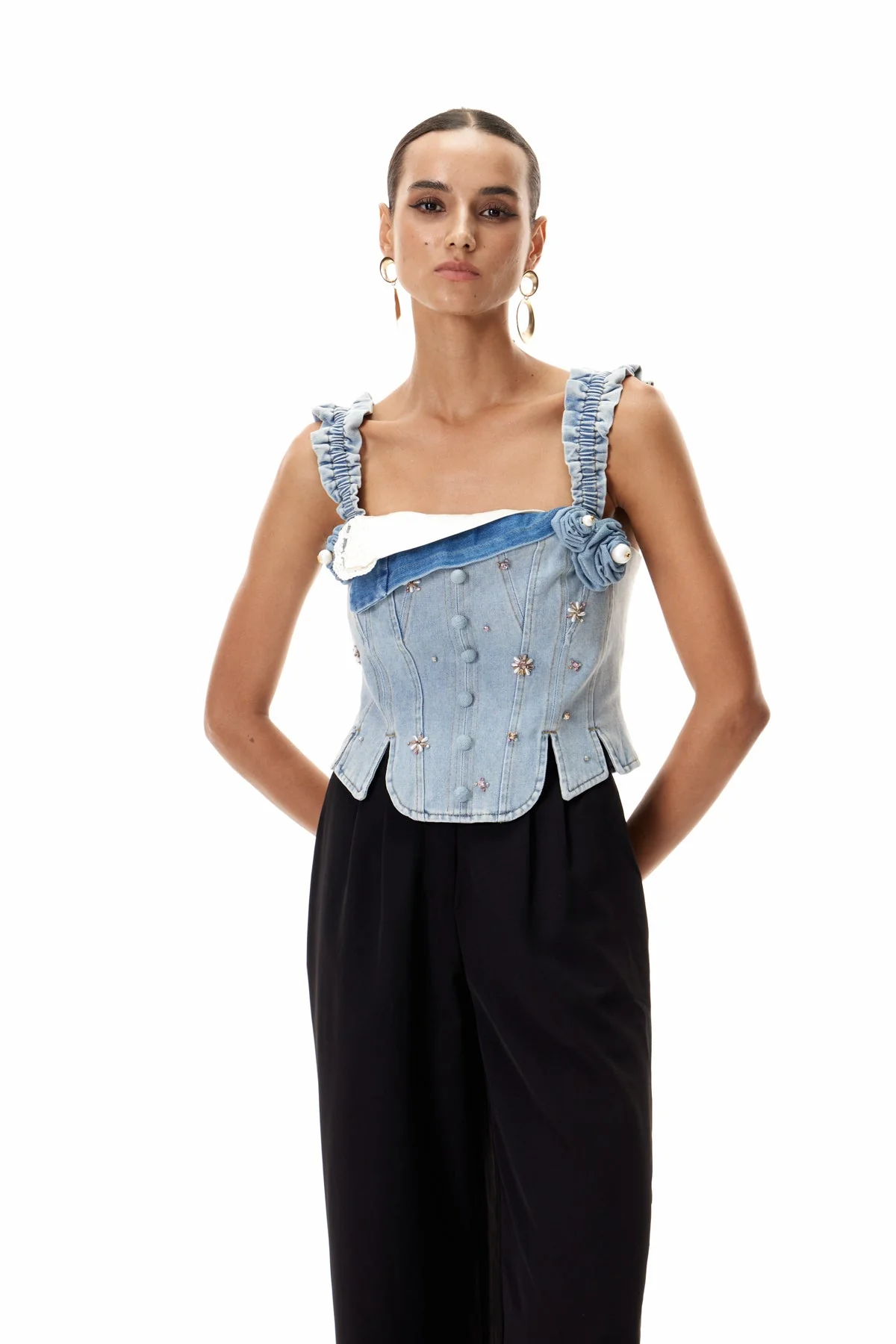 Denim Corset Top with Elegant Embellishments
