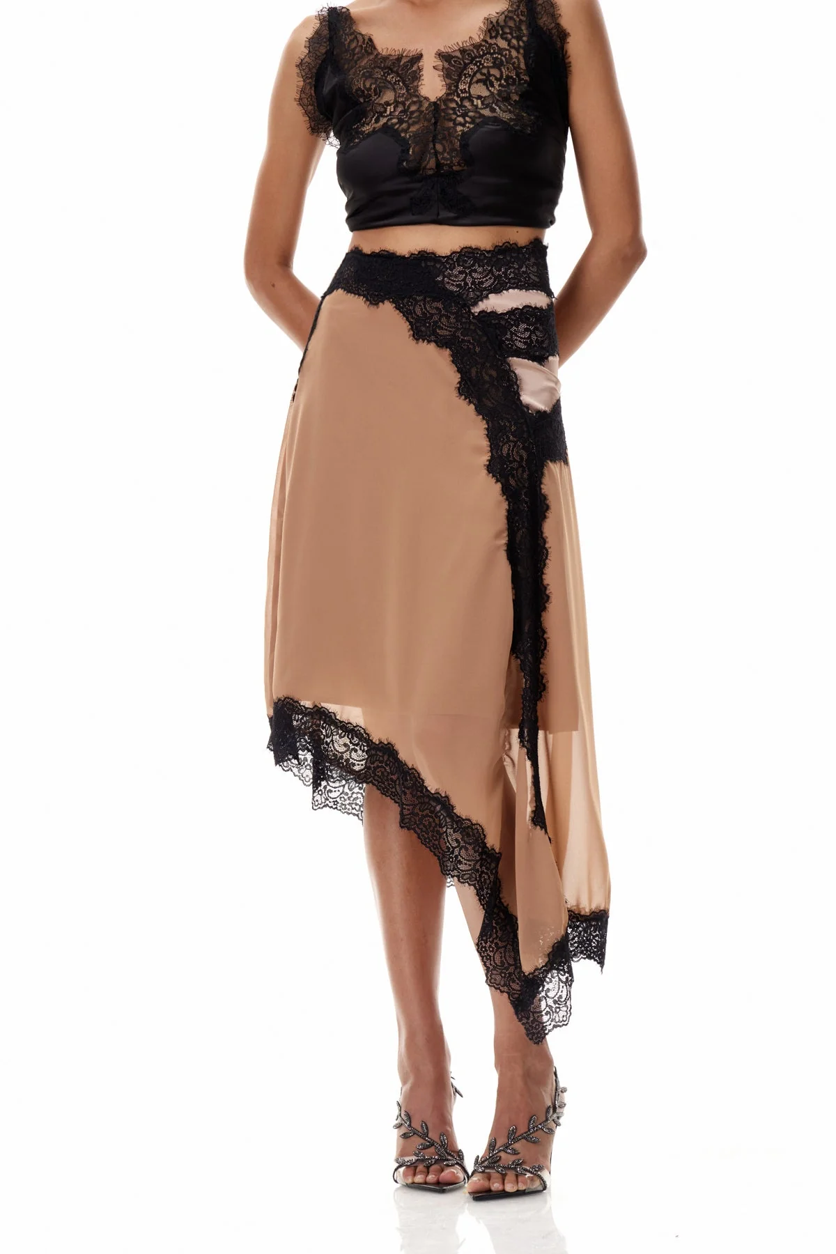 Brown Lace Asymmetric Maxi Skirt