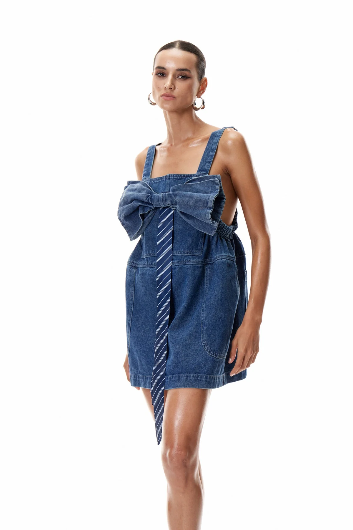 Chic Denim Bow Mini Dress in Blue for Women