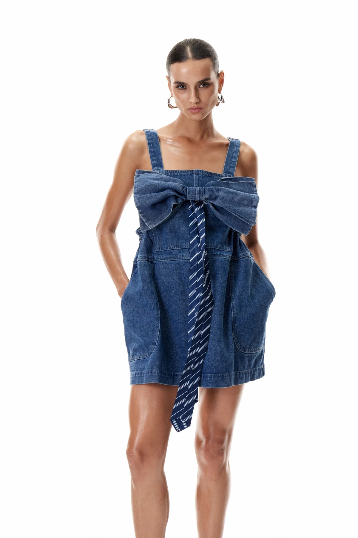 Chic Denim Bow Mini Dress in Blue for Women