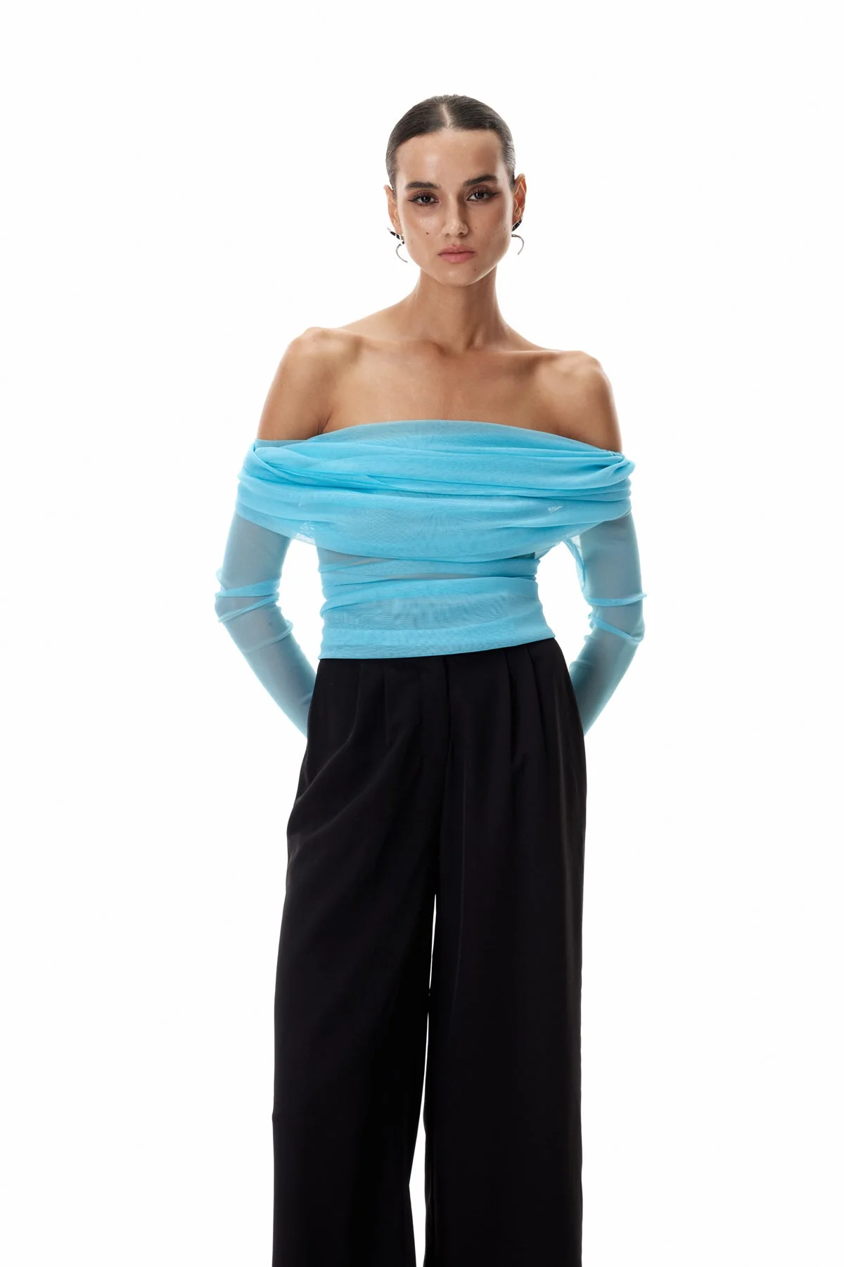 Blue Mesh Off Shoulder Top with Ruch Detail - Chic Style