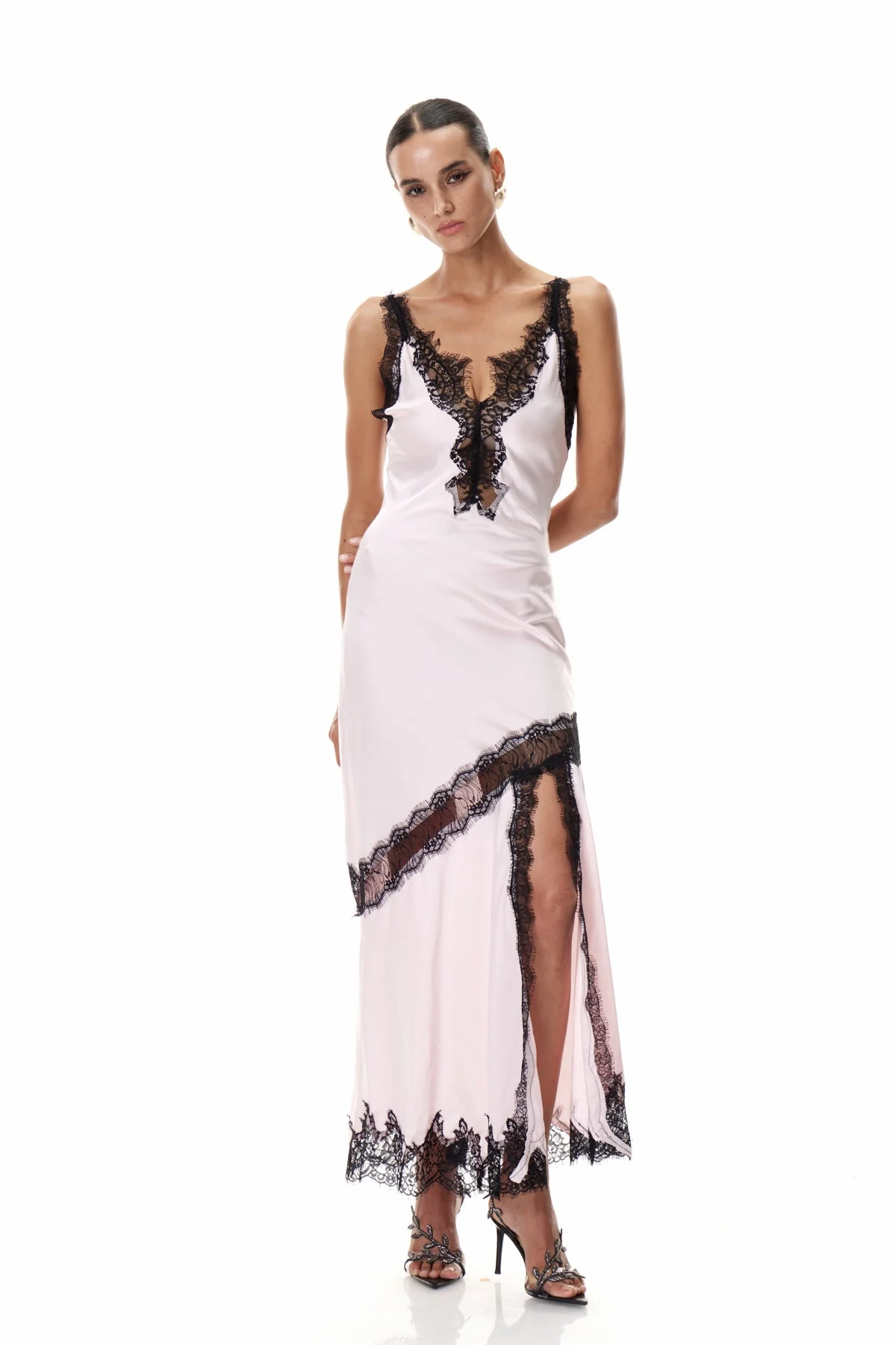 Pink Lace Plunge Satin Maxi Dress - Elegant Evening Wear