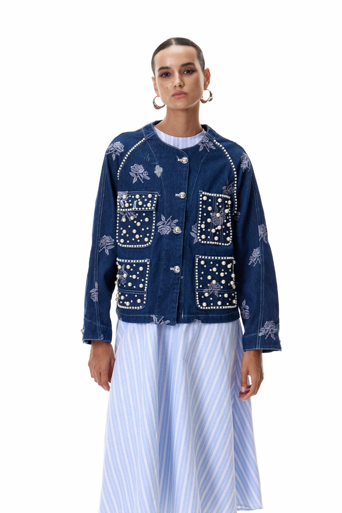 Blue Embroidered Denim Jacket with Pearl Detailing