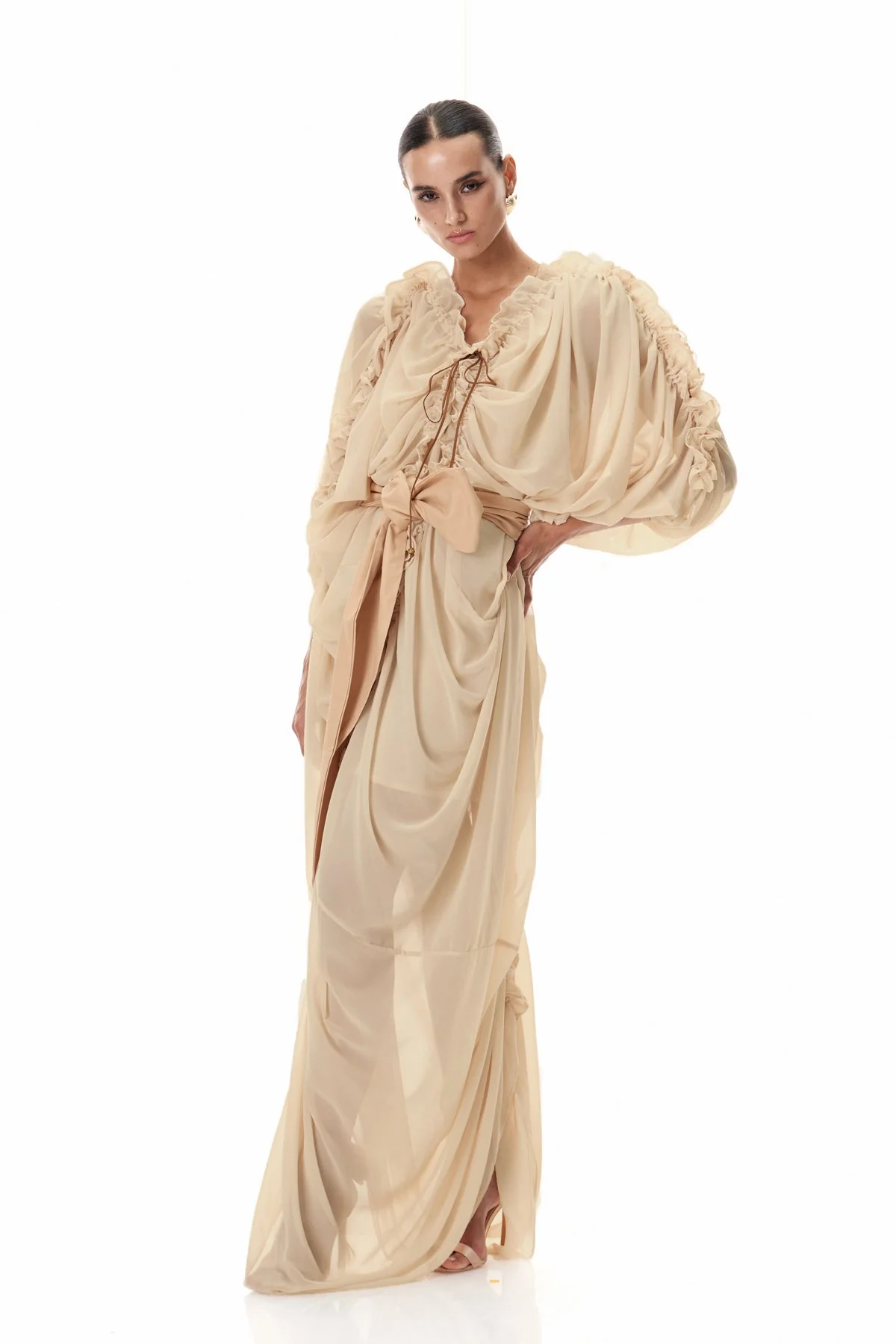 Apricot Drawstring Ruched Maxi Dress