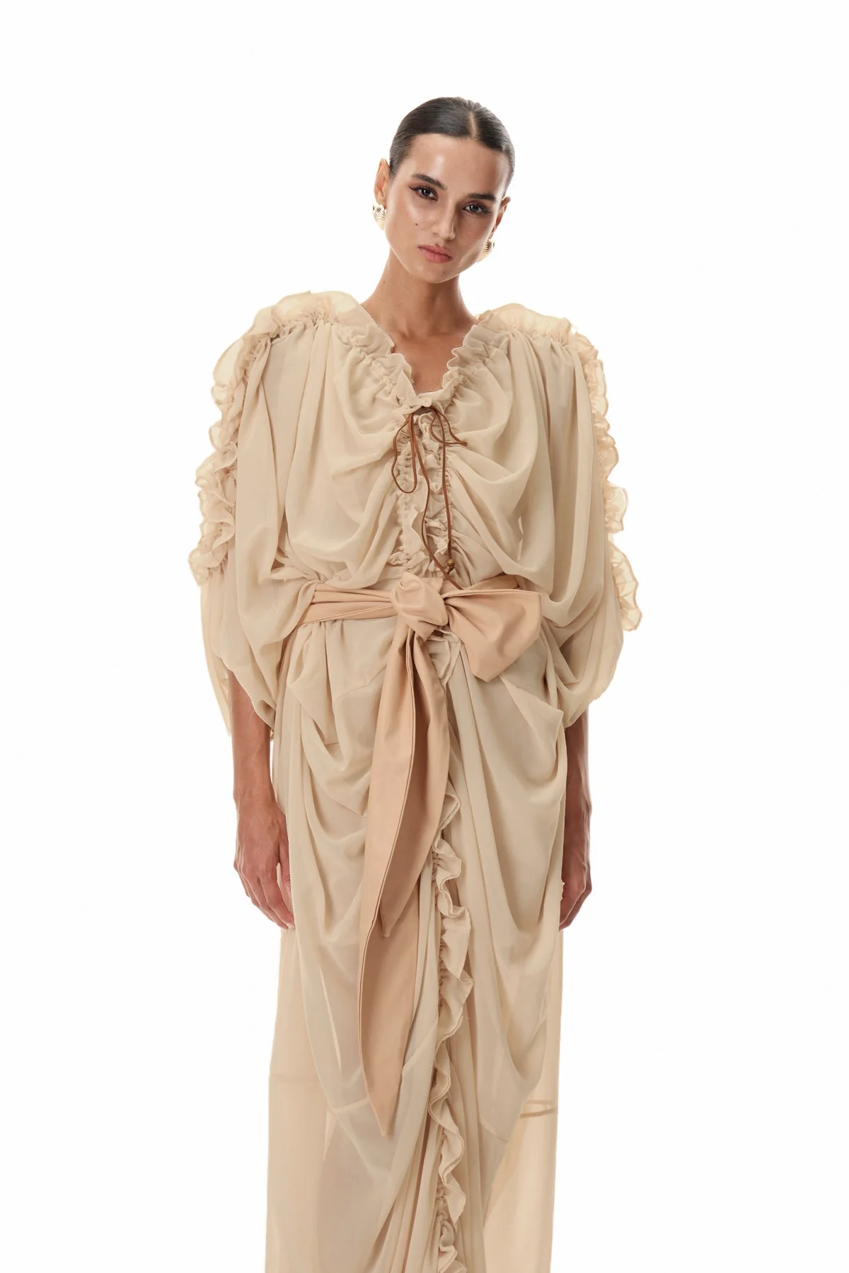 Apricot Drawstring Ruched Maxi Dress