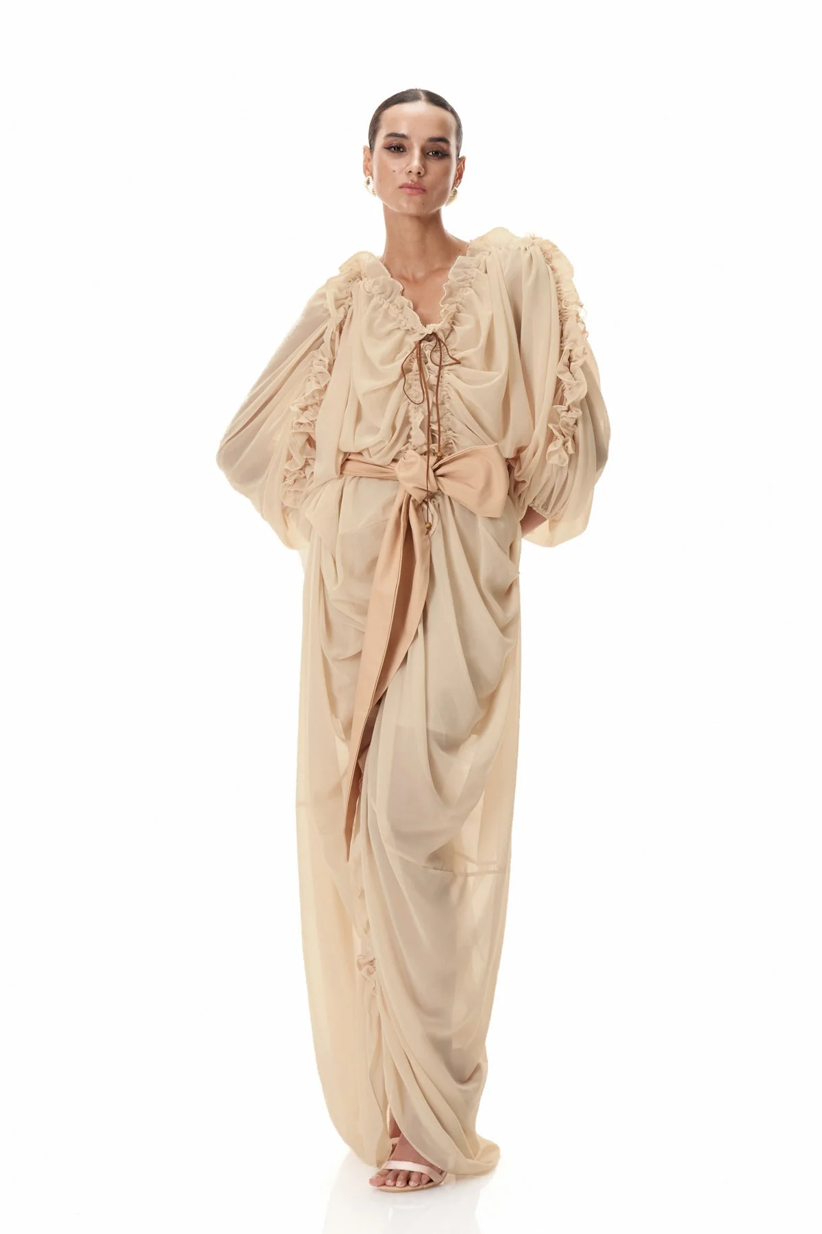 Apricot Drawstring Ruched Maxi Dress