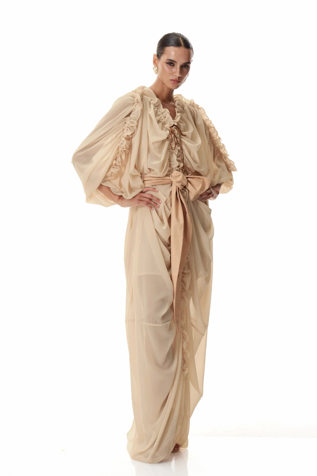 Apricot Drawstring Ruched Maxi Dress