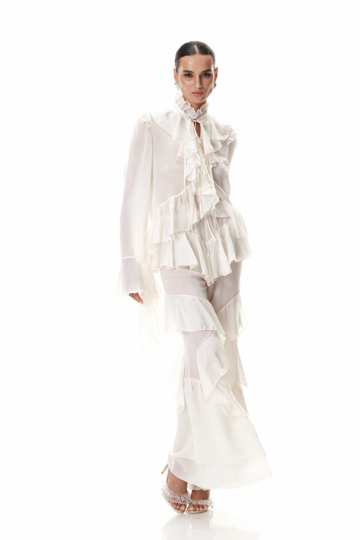 White Ruffle Pants Set for Women